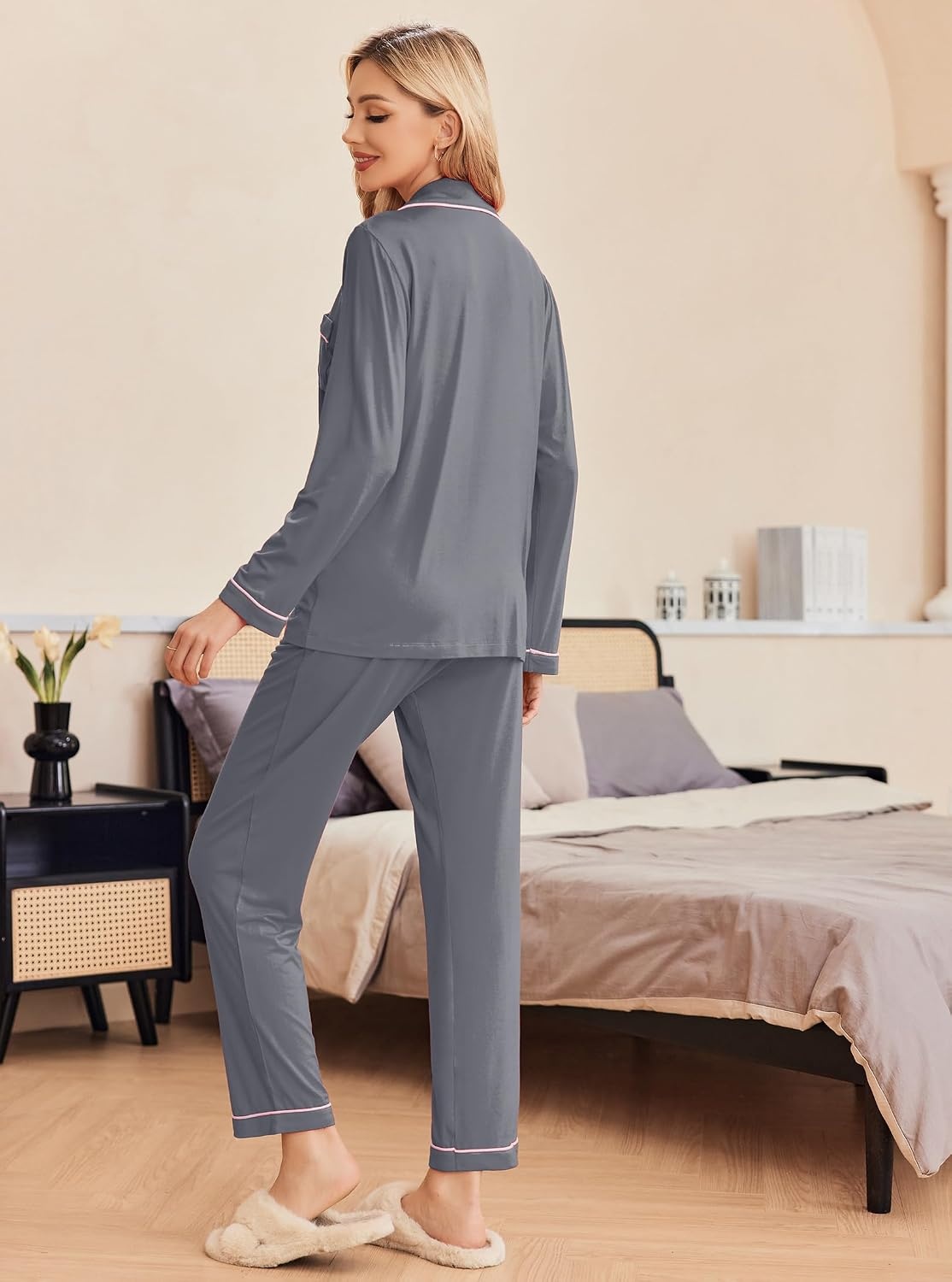 image:imageEkouaer Pajamas Womens Long Sleeve Sleepwear Button Down Loungewear Pjs Set Comfy SoftClassic Notch Collar2 Piece Matching Set for PostpartumMaternityBridalTravelDailyGiftGray
