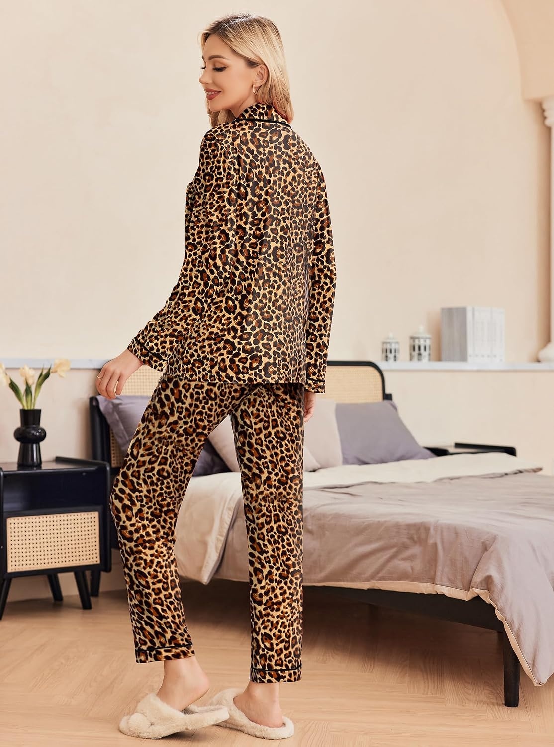 image:imageEkouaer Pajamas Womens Long Sleeve Sleepwear Button Down Loungewear Pjs Set Comfy SoftClassic Notch Collar2 Piece Matching Set for PostpartumMaternityBridalTravelDailyGiftLeopard
