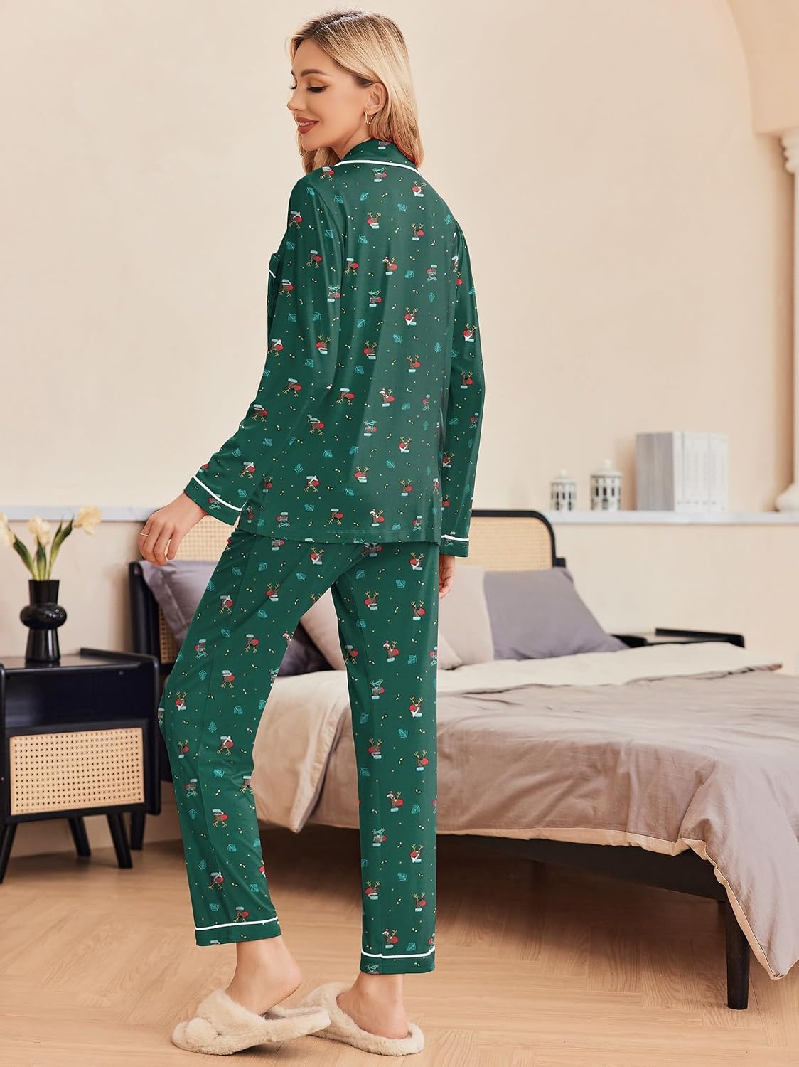 image:imageEkouaer Pajamas Womens Long Sleeve Sleepwear Button Down Loungewear Pjs Set Comfy SoftClassic Notch Collar2 Piece Matching Set for PostpartumMaternityBridalTravelDailyGiftChristmas Green With Elk