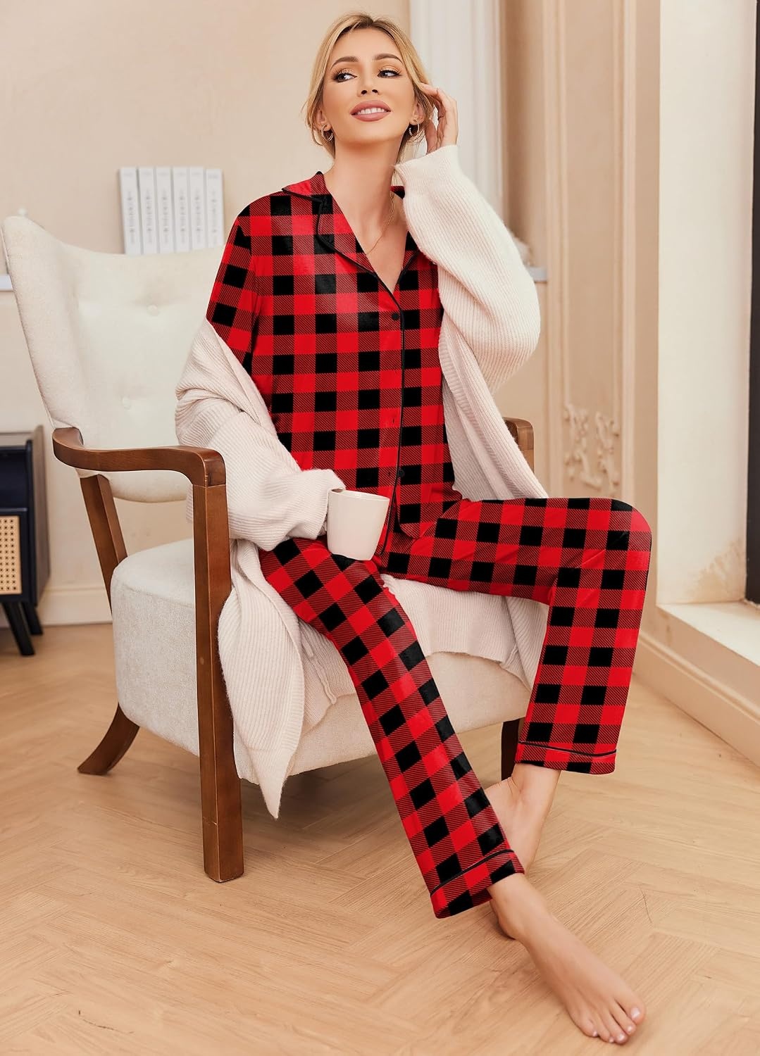 image:imageEkouaer Pajamas Womens Long Sleeve Sleepwear Button Down Loungewear Pjs Set Comfy SoftClassic Notch Collar2 Piece Matching Set for PostpartumMaternityBridalTravelDailyGiftBlack and Red Plaid