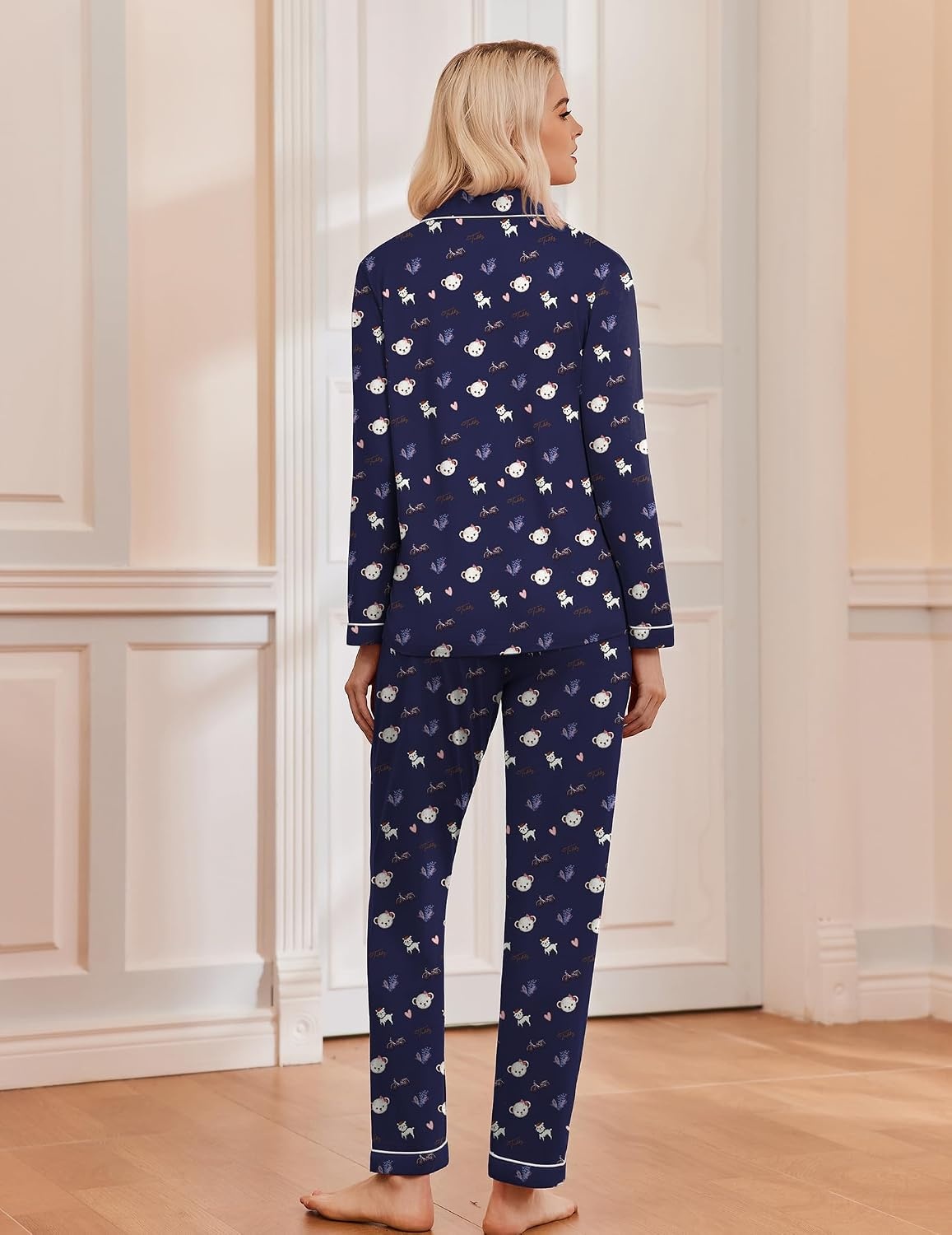 image:imageEkouaer Pajamas Womens Long Sleeve Sleepwear Button Down Loungewear Pjs Set Comfy SoftClassic Notch Collar2 Piece Matching Set for PostpartumMaternityBridalTravelDailyGiftTeddy Navy