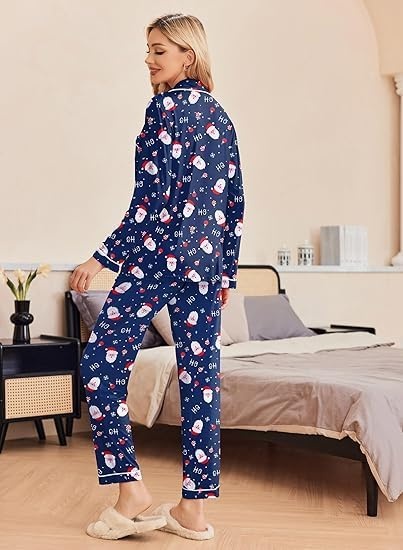 image:imageEkouaer Pajamas Womens Long Sleeve Sleepwear Button Down Loungewear Pjs Set Comfy SoftClassic Notch Collar2 Piece Matching Set for PostpartumMaternityBridalTravelDailyGiftChristmas Navy