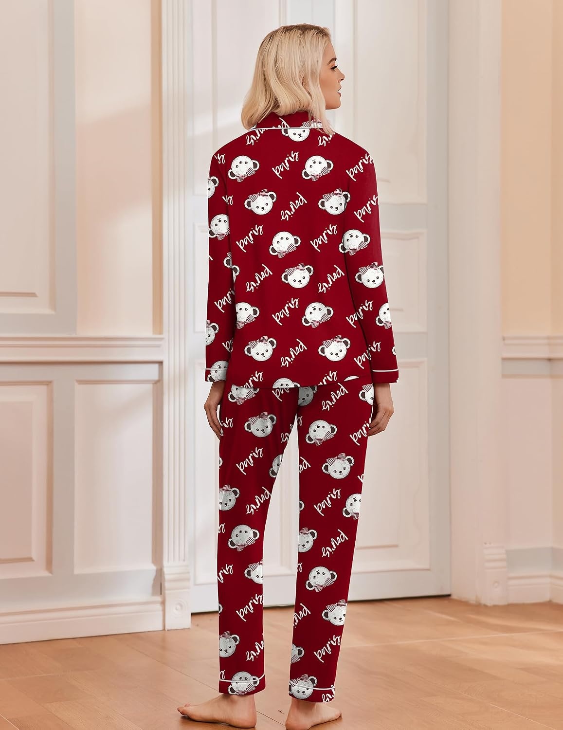 image:imageEkouaer Pajamas Womens Long Sleeve Sleepwear Button Down Loungewear Pjs Set Comfy SoftClassic Notch Collar2 Piece Matching Set for PostpartumMaternityBridalTravelDailyGiftTeddy Wine
