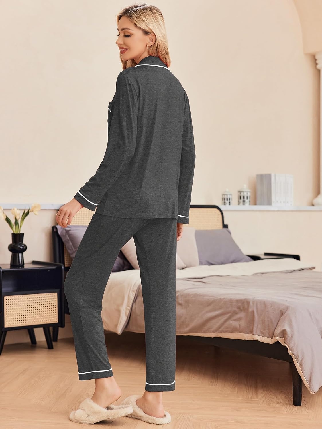 image:imageEkouaer Pajamas Womens Long Sleeve Sleepwear Button Down Loungewear Pjs Set Comfy SoftClassic Notch Collar2 Piece Matching Set for PostpartumMaternityBridalTravelDailyGiftDeep Flower Gray