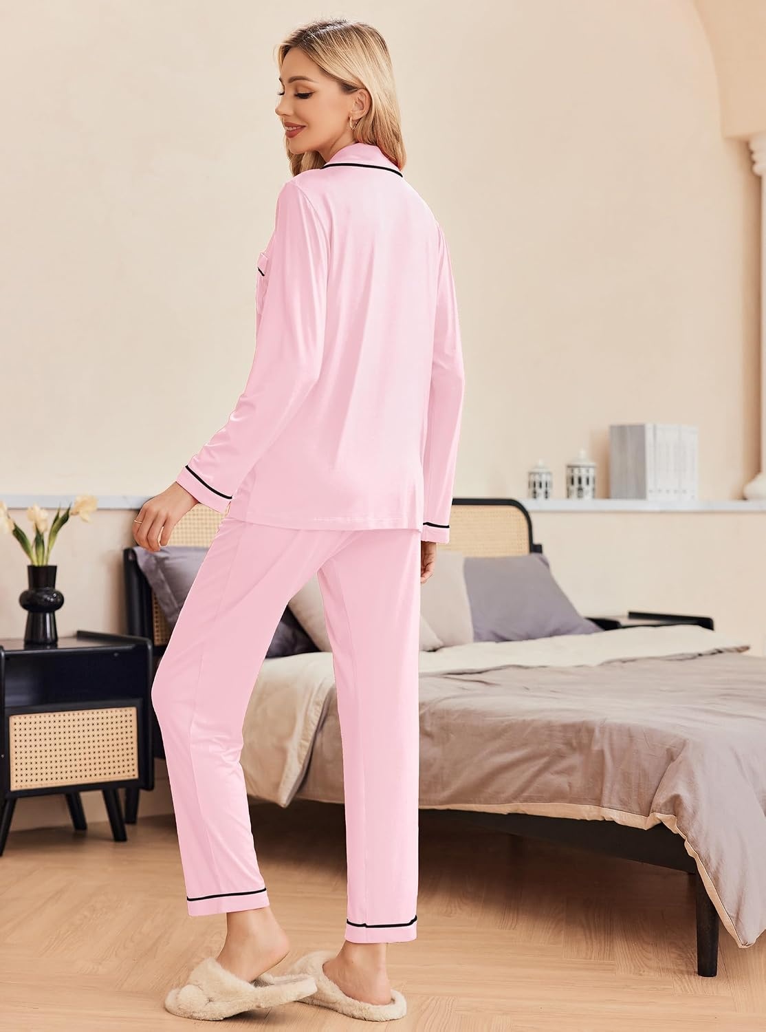 image:imageEkouaer Pajamas Womens Long Sleeve Sleepwear Button Down Loungewear Pjs Set Comfy SoftClassic Notch Collar2 Piece Matching Set for PostpartumMaternityBridalTravelDailyGiftPink
