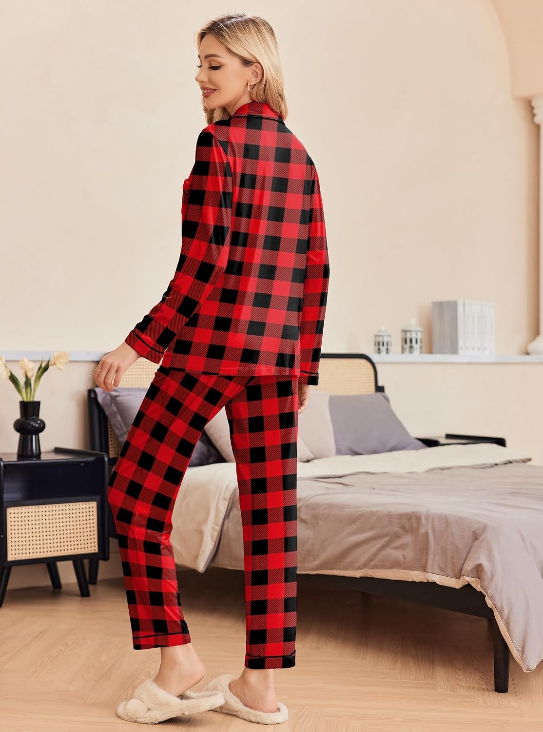 image:imageEkouaer Pajamas Womens Long Sleeve Sleepwear Button Down Loungewear Pjs Set Comfy SoftClassic Notch Collar2 Piece Matching Set for PostpartumMaternityBridalTravelDailyGiftBlack and Red Plaid