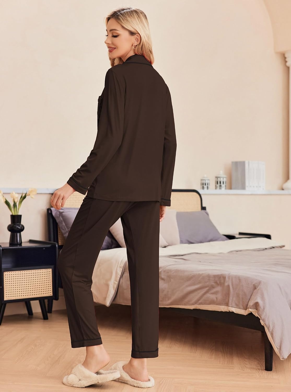 image:imageEkouaer Pajamas Womens Long Sleeve Sleepwear Button Down Loungewear Pjs Set Comfy SoftClassic Notch Collar2 Piece Matching Set for PostpartumMaternityBridalTravelDailyGiftBrown
