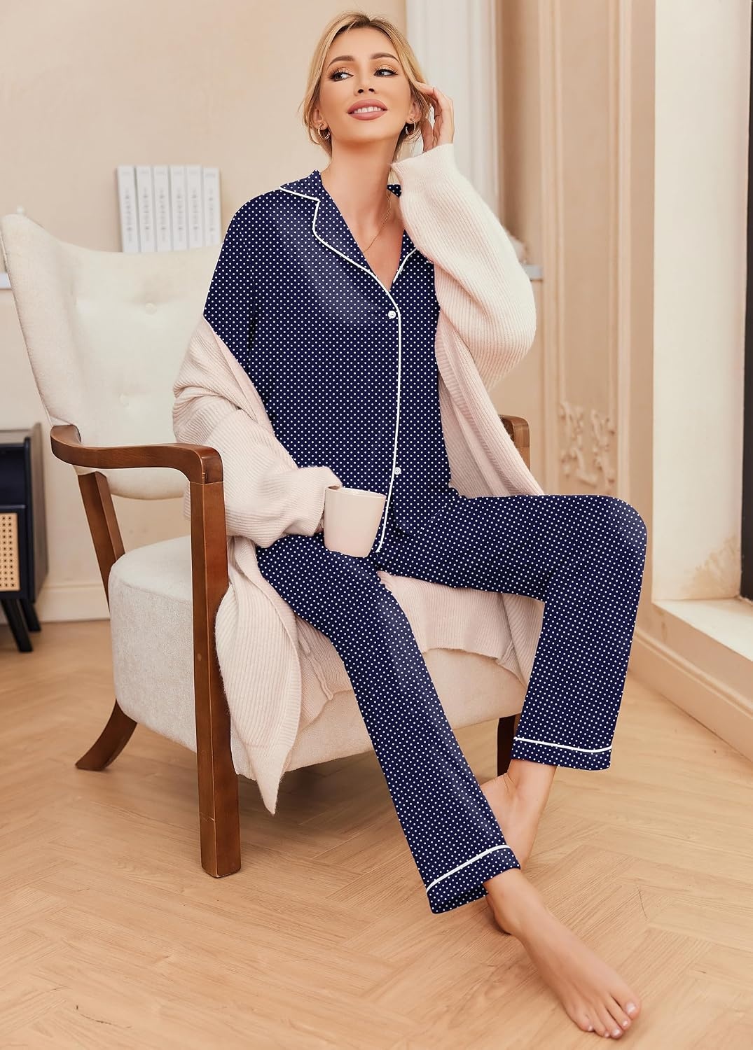 image:imageEkouaer Pajamas Womens Long Sleeve Sleepwear Button Down Loungewear Pjs Set Comfy SoftClassic Notch Collar2 Piece Matching Set for PostpartumMaternityBridalTravelDailyGiftNavy With White Dots