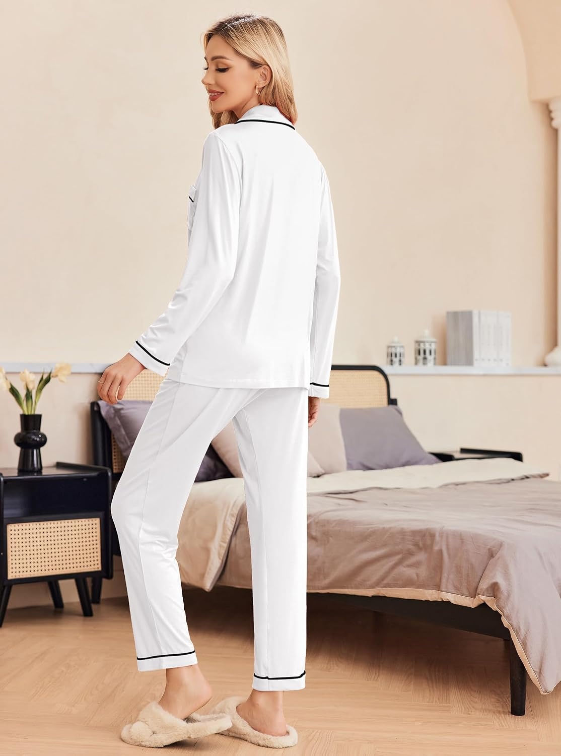 image:imageEkouaer Pajamas Womens Long Sleeve Sleepwear Button Down Loungewear Pjs Set Comfy SoftClassic Notch Collar2 Piece Matching Set for PostpartumMaternityBridalTravelDailyGiftWhite