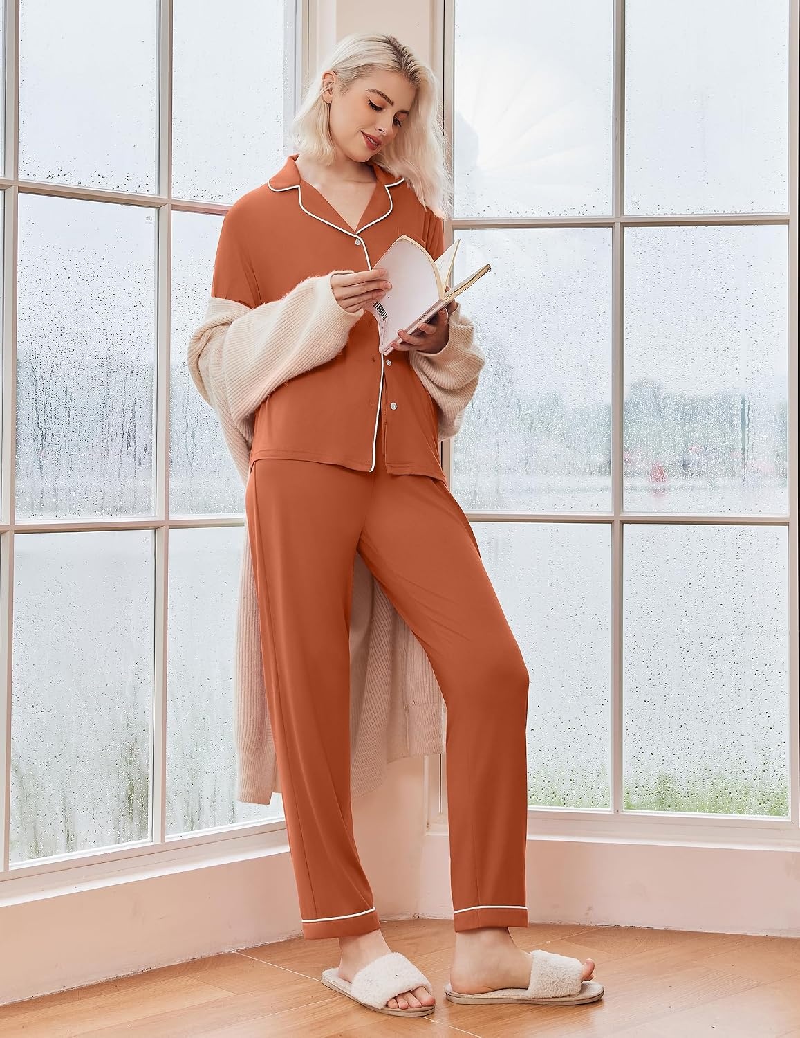 image:imageEkouaer Pajamas Womens Long Sleeve Sleepwear Button Down Loungewear Pjs Set Comfy SoftClassic Notch Collar2 Piece Matching Set for PostpartumMaternityBridalTravelDailyGiftCaramel