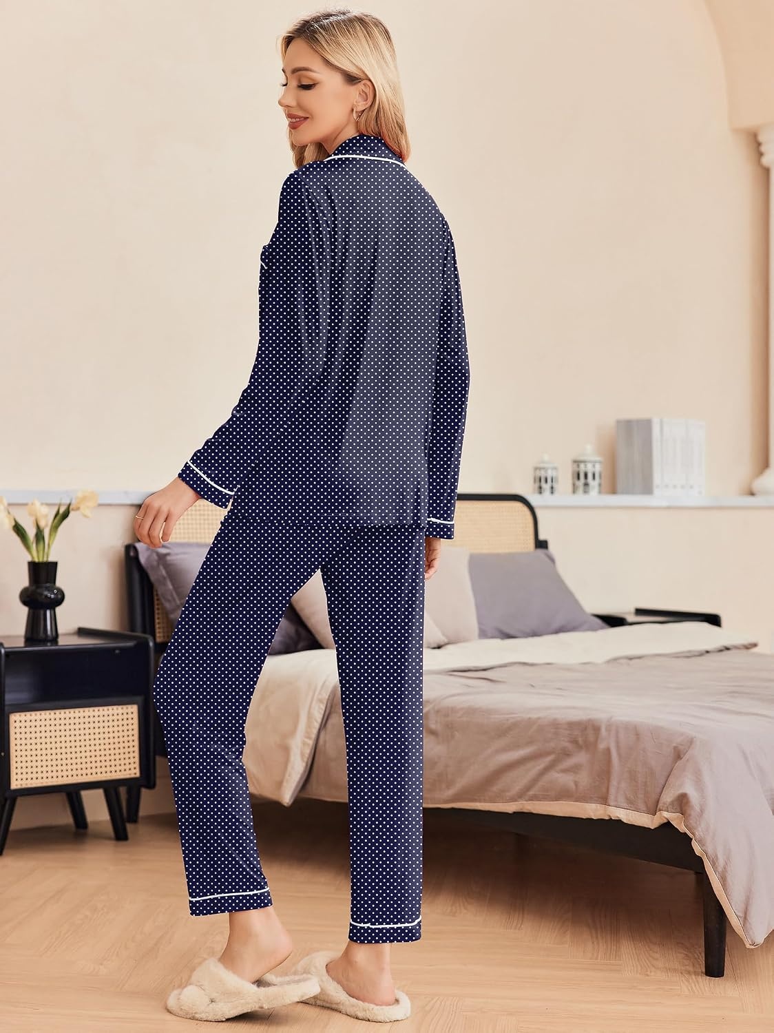 image:imageEkouaer Pajamas Womens Long Sleeve Sleepwear Button Down Loungewear Pjs Set Comfy SoftClassic Notch Collar2 Piece Matching Set for PostpartumMaternityBridalTravelDailyGiftNavy With White Dots