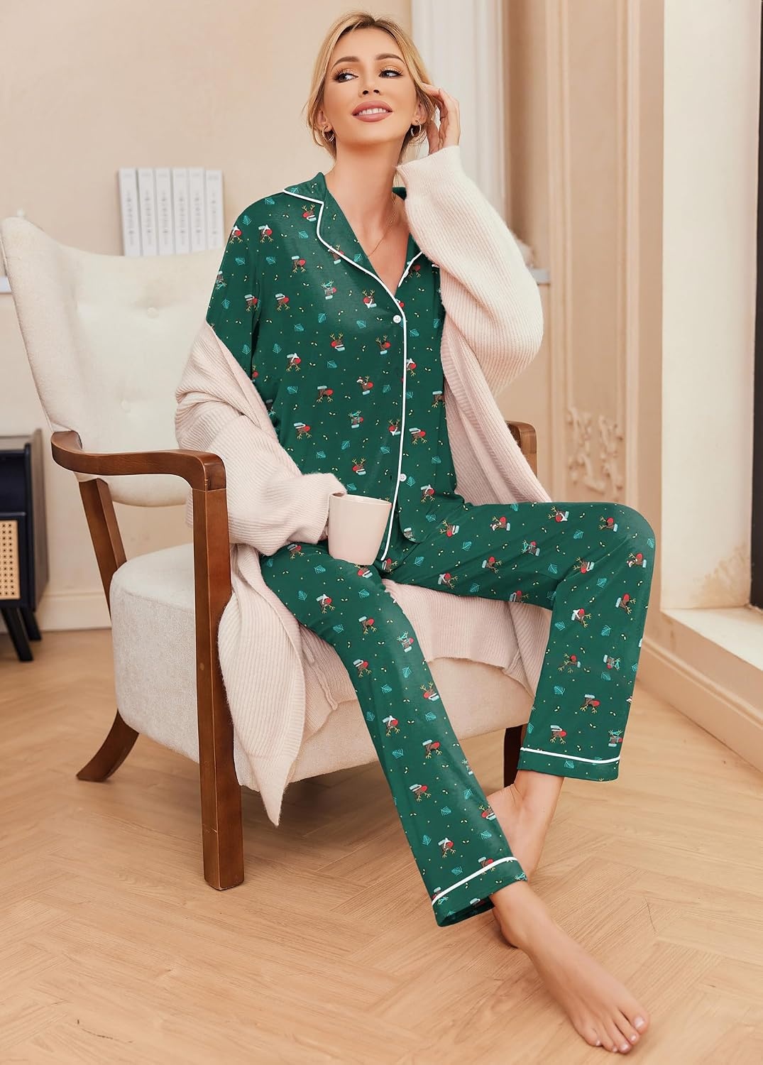 image:imageEkouaer Pajamas Womens Long Sleeve Sleepwear Button Down Loungewear Pjs Set Comfy SoftClassic Notch Collar2 Piece Matching Set for PostpartumMaternityBridalTravelDailyGiftChristmas Green With Elk