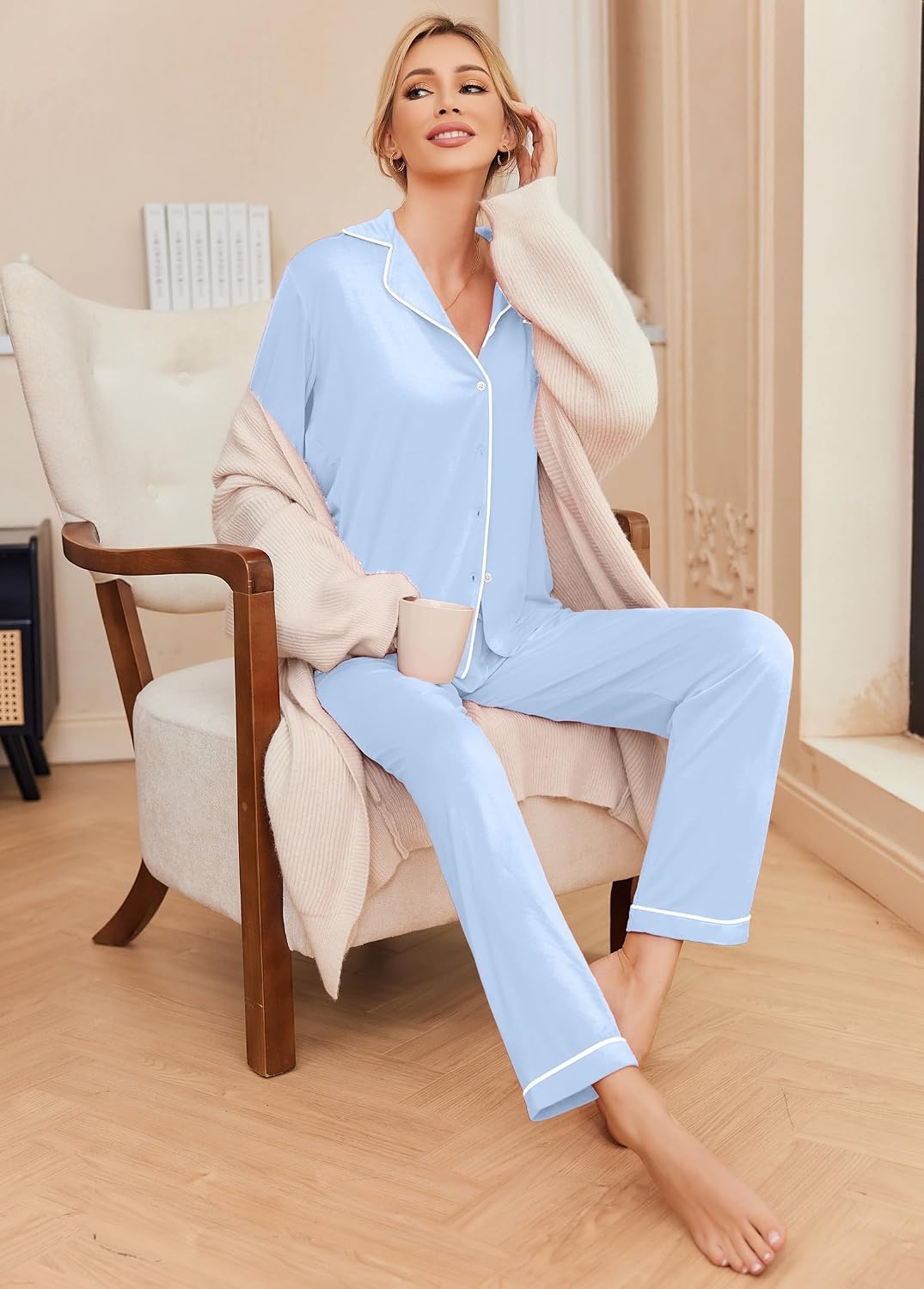 image:imageEkouaer Pajamas Womens Long Sleeve Sleepwear Button Down Loungewear Pjs Set Comfy SoftClassic Notch Collar2 Piece Matching Set for PostpartumMaternityBridalTravelDailyGiftBlue
