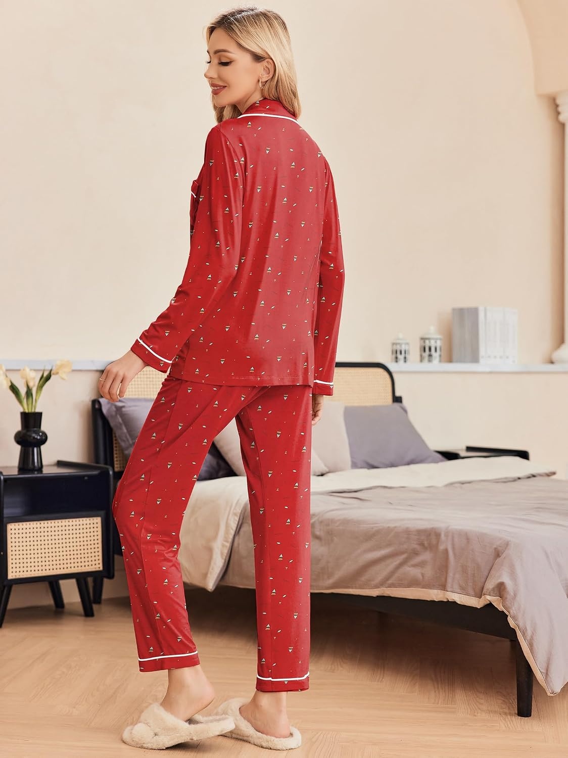 image:imageEkouaer Pajamas Womens Long Sleeve Sleepwear Button Down Loungewear Pjs Set Comfy SoftClassic Notch Collar2 Piece Matching Set for PostpartumMaternityBridalTravelDailyGiftChristmas Tree