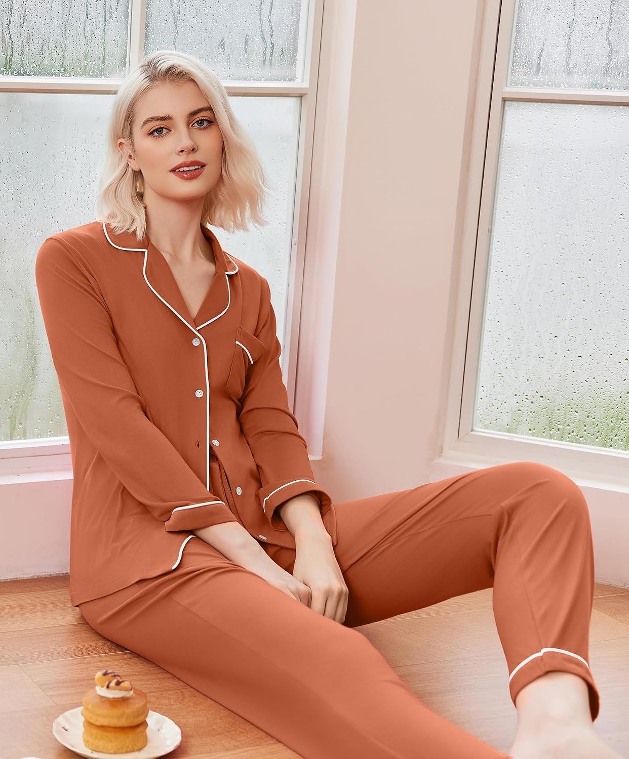 image:imageEkouaer Pajamas Womens Long Sleeve Sleepwear Button Down Loungewear Pjs Set Comfy SoftClassic Notch Collar2 Piece Matching Set for PostpartumMaternityBridalTravelDailyGiftCaramel