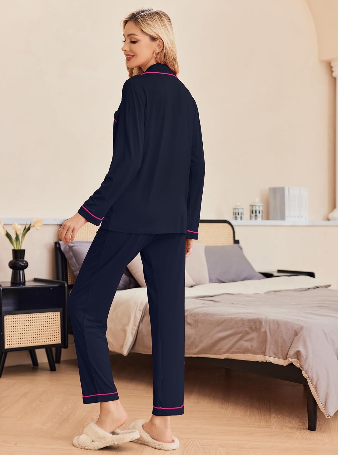 image:imageEkouaer Pajamas Womens Long Sleeve Sleepwear Button Down Loungewear Pjs Set Comfy SoftClassic Notch Collar2 Piece Matching Set for PostpartumMaternityBridalTravelDailyGiftNavy