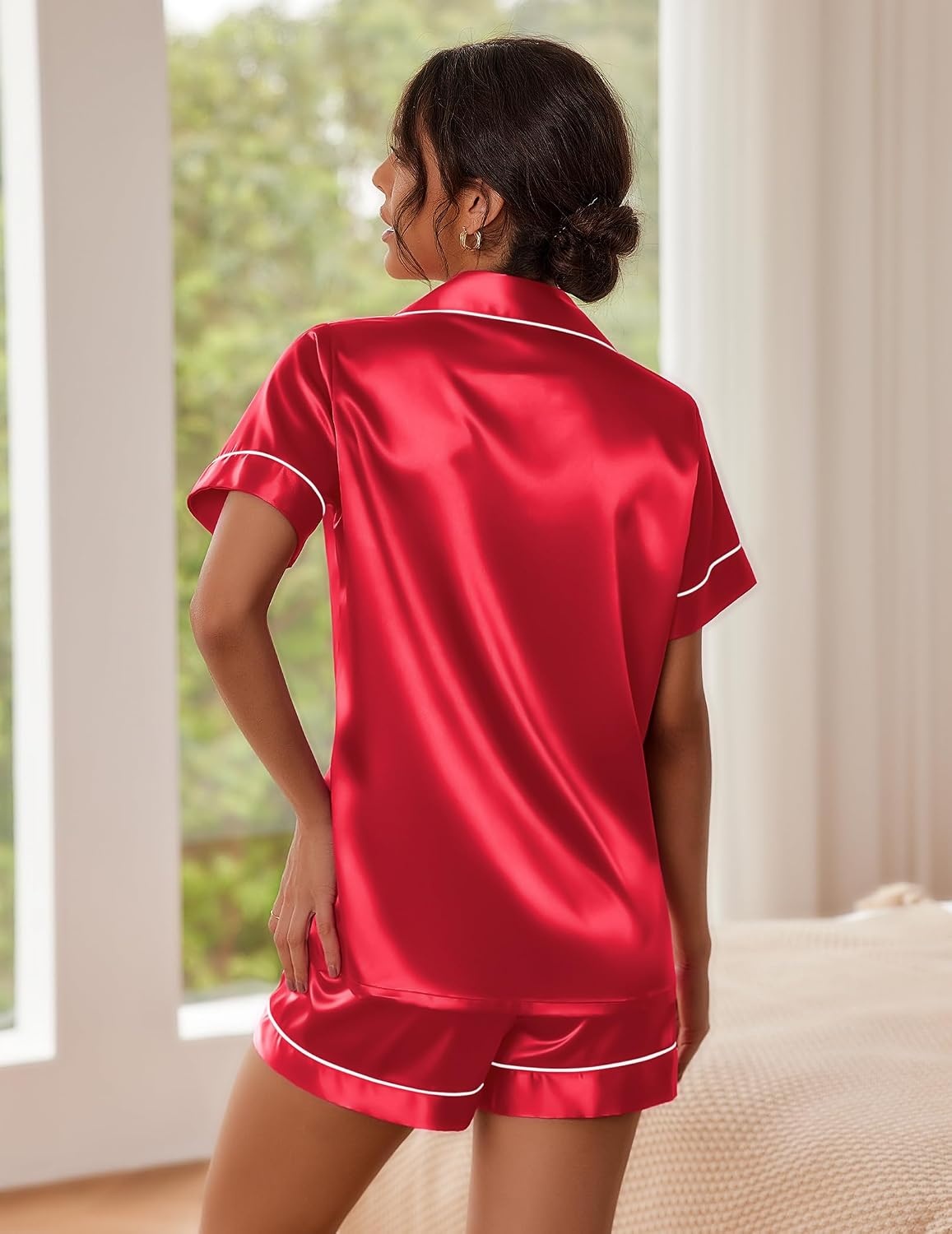 image:imageEkouaer Satin Pajamas for Women Button Down Sleepwear Soft Silk Loungewear Short Sleeve Top and Shorts Pjs RedLarge Classic Notch Collar PjsSoft Casual SleepwearLoungewear Top and Shorts for Bridal GiftsDaily WearPartyVacation