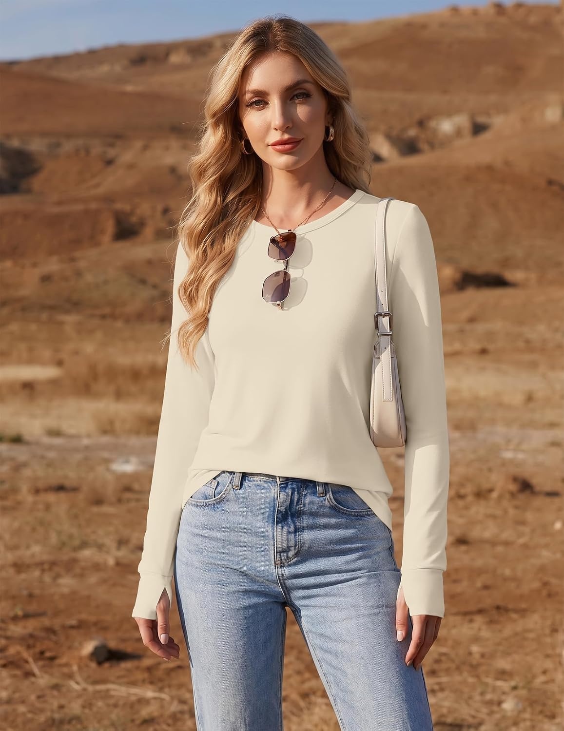 image:imageEkouaer Womens Long Sleeve Shirts Thumb Hole Tops Thermal Fall Clothes Crew Neck T Shirts Loose Fit Undershirts Layering Casual Work Winter OutfitsBeige