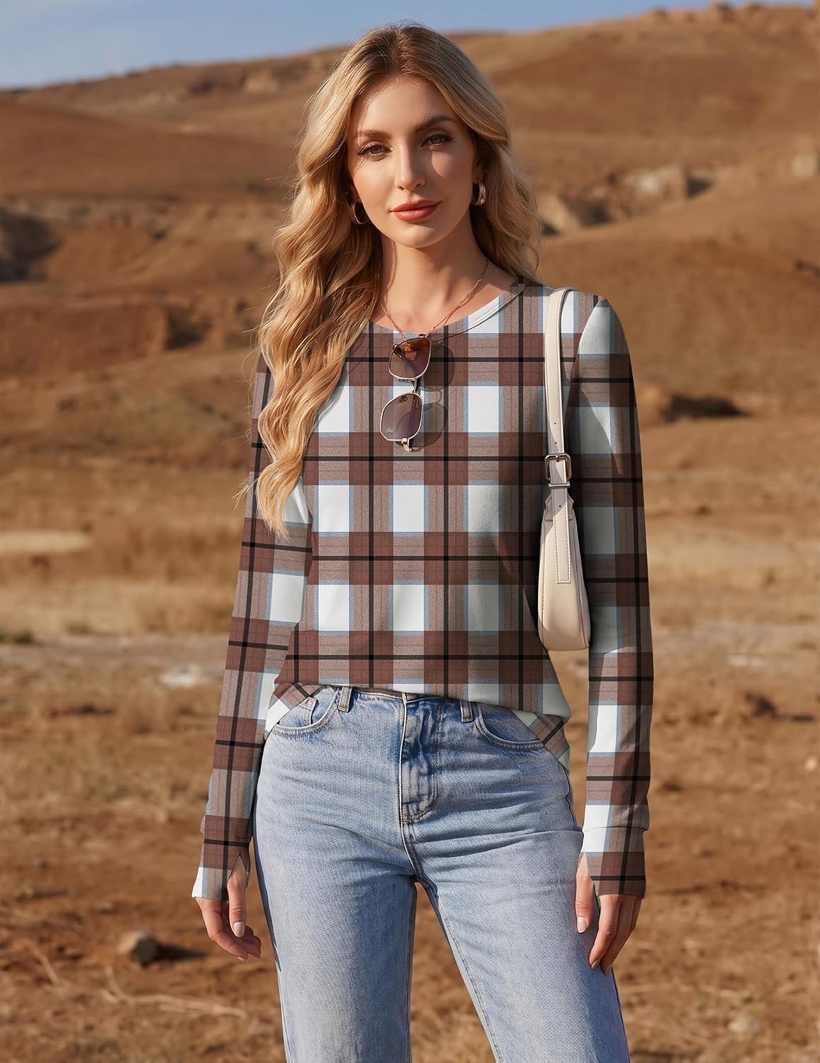 image:imageEkouaer Womens Long Sleeve Shirts Thumb Hole Tops Thermal Fall Clothes Crew Neck T Shirts Loose Fit Undershirts Layering Casual Work Winter OutfitsBrown White Plaid