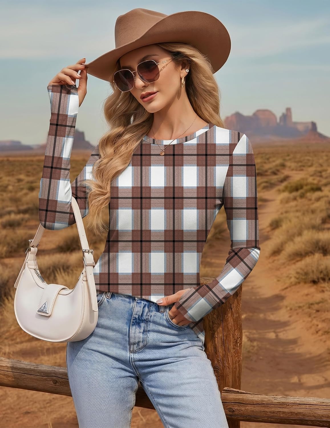 image:imageEkouaer Womens Long Sleeve Shirts Thumb Hole Tops Thermal Fall Clothes Crew Neck T Shirts Loose Fit Undershirts Layering Casual Work Winter OutfitsBrown White Plaid