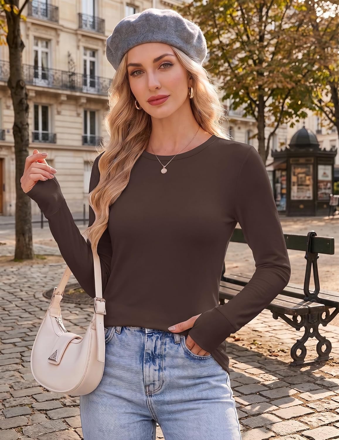 image:imageEkouaer Womens Long Sleeve Shirts Thumb Hole Tops Thermal Fall Clothes Crew Neck T Shirts Loose Fit Undershirts Layering Casual Work Winter OutfitsBrown
