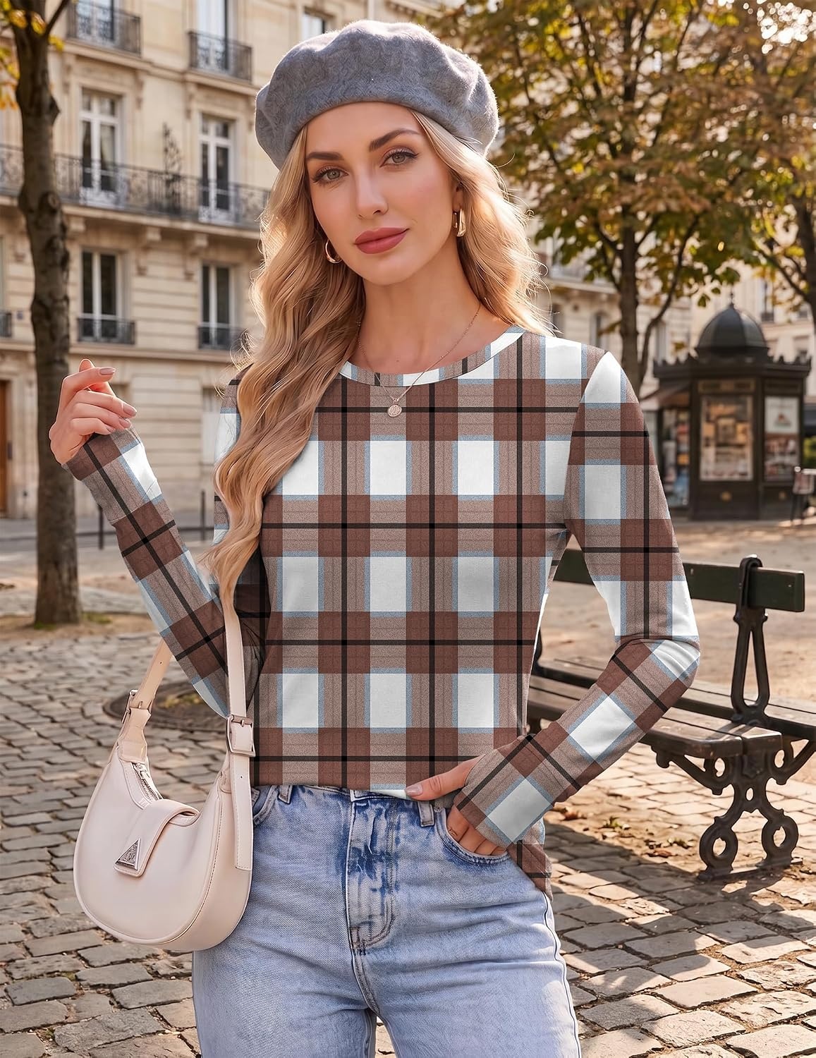 image:imageEkouaer Womens Long Sleeve Shirts Thumb Hole Tops Thermal Fall Clothes Crew Neck T Shirts Loose Fit Undershirts Layering Casual Work Winter OutfitsBrown White Plaid