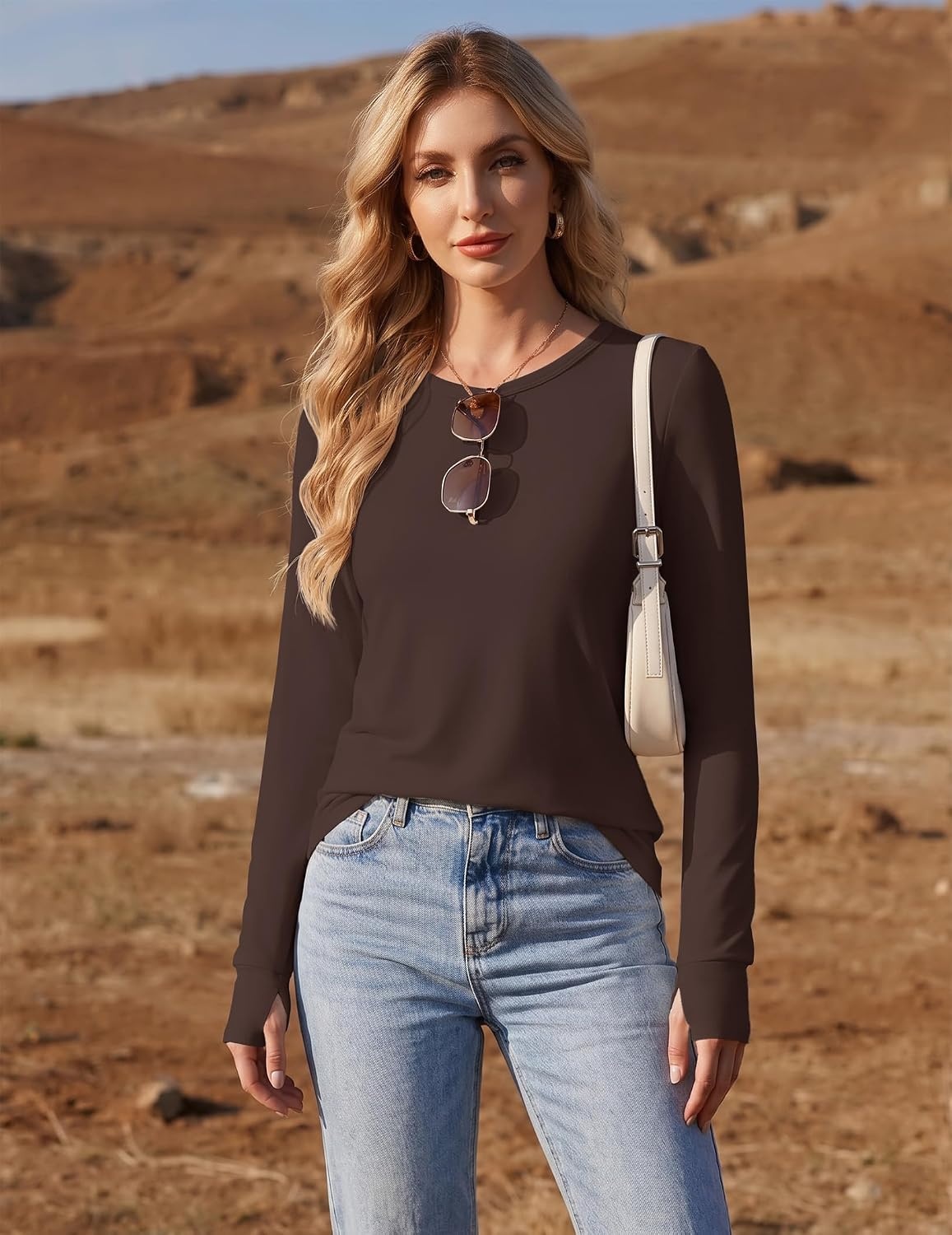 image:imageEkouaer Womens Long Sleeve Shirts Thumb Hole Tops Thermal Fall Clothes Crew Neck T Shirts Loose Fit Undershirts Layering Casual Work Winter OutfitsBrown