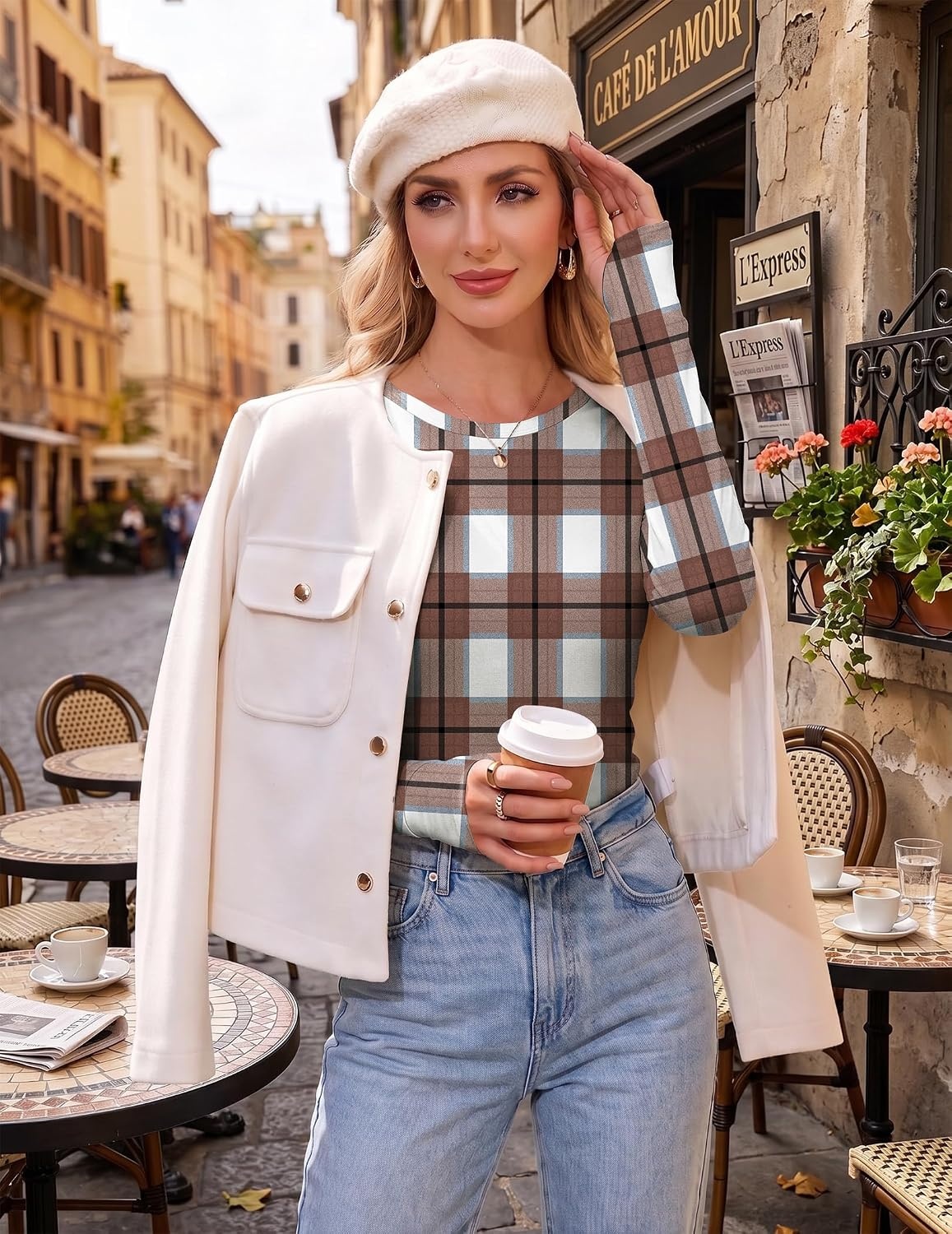 image:imageEkouaer Womens Long Sleeve Shirts Thumb Hole Tops Thermal Fall Clothes Crew Neck T Shirts Loose Fit Undershirts Layering Casual Work Winter OutfitsBrown White Plaid