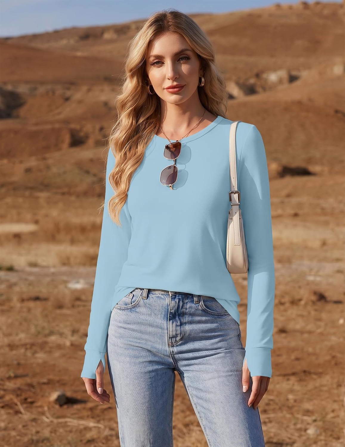 image:imageEkouaer Womens Long Sleeve Shirts Thumb Hole Tops Thermal Fall Clothes Crew Neck T Shirts Loose Fit Undershirts Layering Casual Work Winter OutfitsLight Blue
