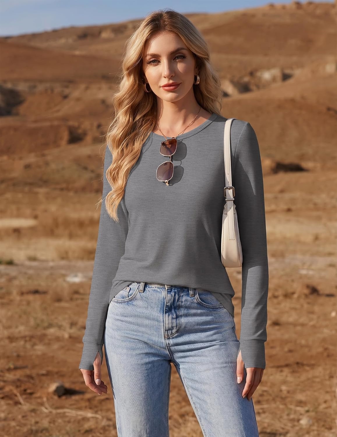image:imageEkouaer Womens Long Sleeve Shirts Thumb Hole Tops Thermal Fall Clothes Crew Neck T Shirts Loose Fit Undershirts Layering Casual Work Winter OutfitsLight Grey