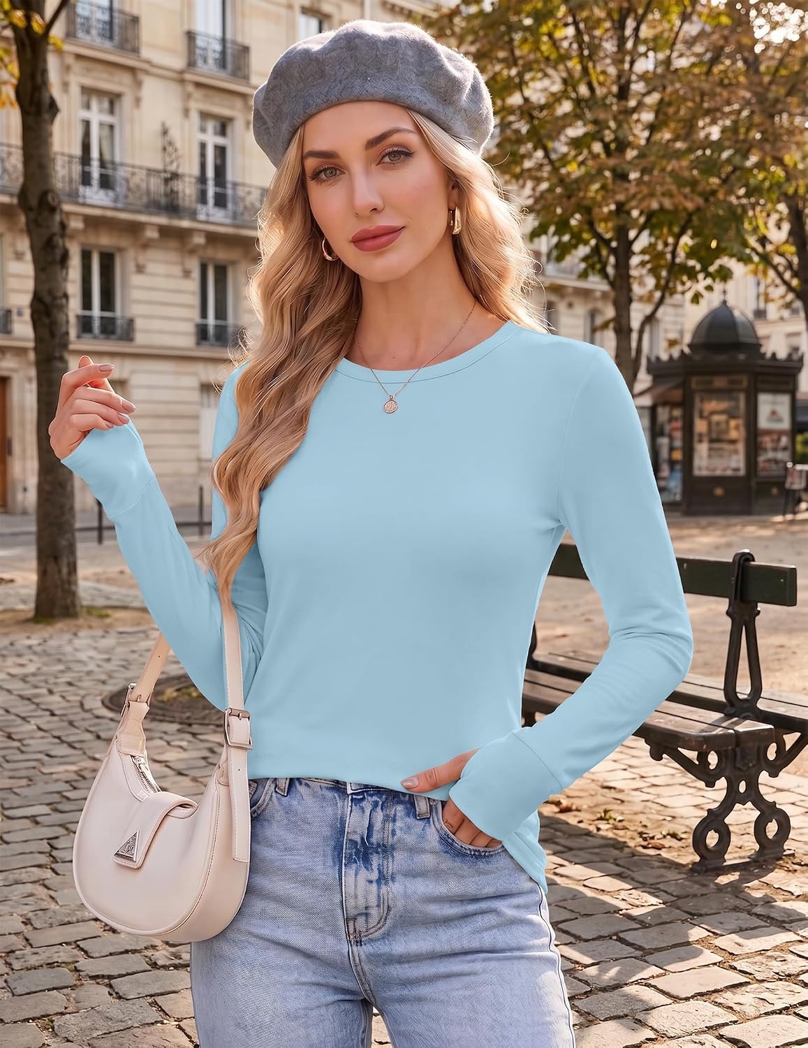 image:imageEkouaer Womens Long Sleeve Shirts Thumb Hole Tops Thermal Fall Clothes Crew Neck T Shirts Loose Fit Undershirts Layering Casual Work Winter OutfitsLight Blue