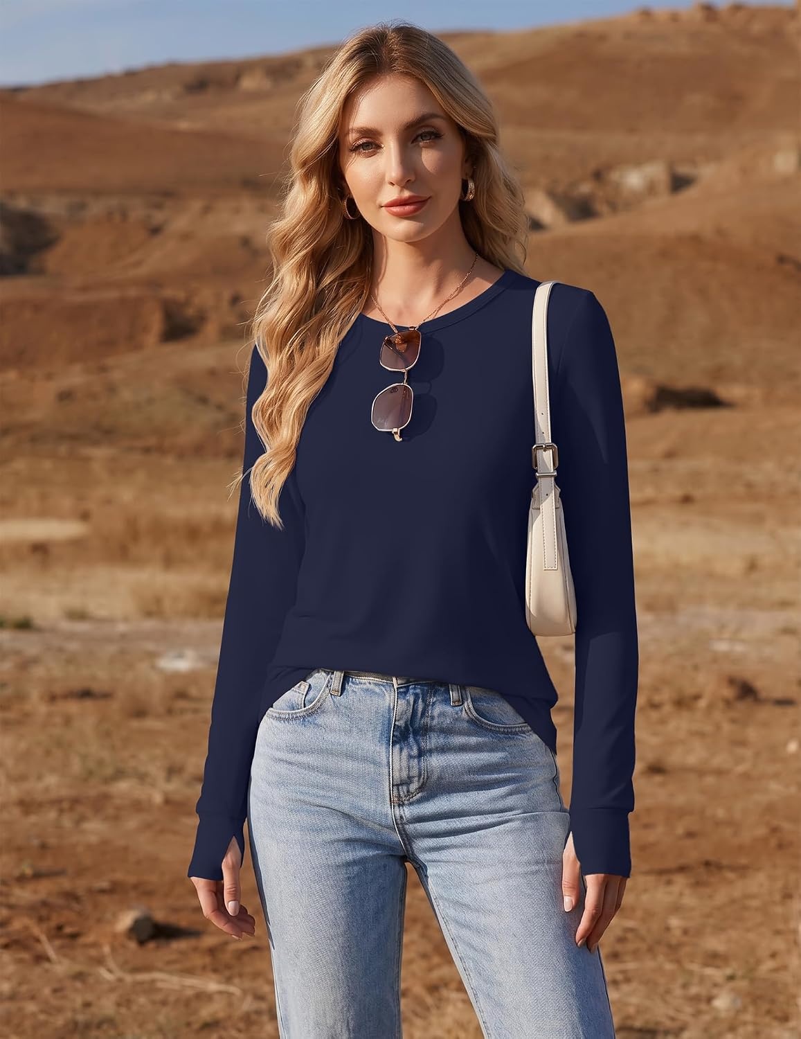 image:imageEkouaer Womens Long Sleeve Shirts Thumb Hole Tops Thermal Fall Clothes Crew Neck T Shirts Loose Fit Undershirts Layering Casual Work Winter OutfitsNavy Blue