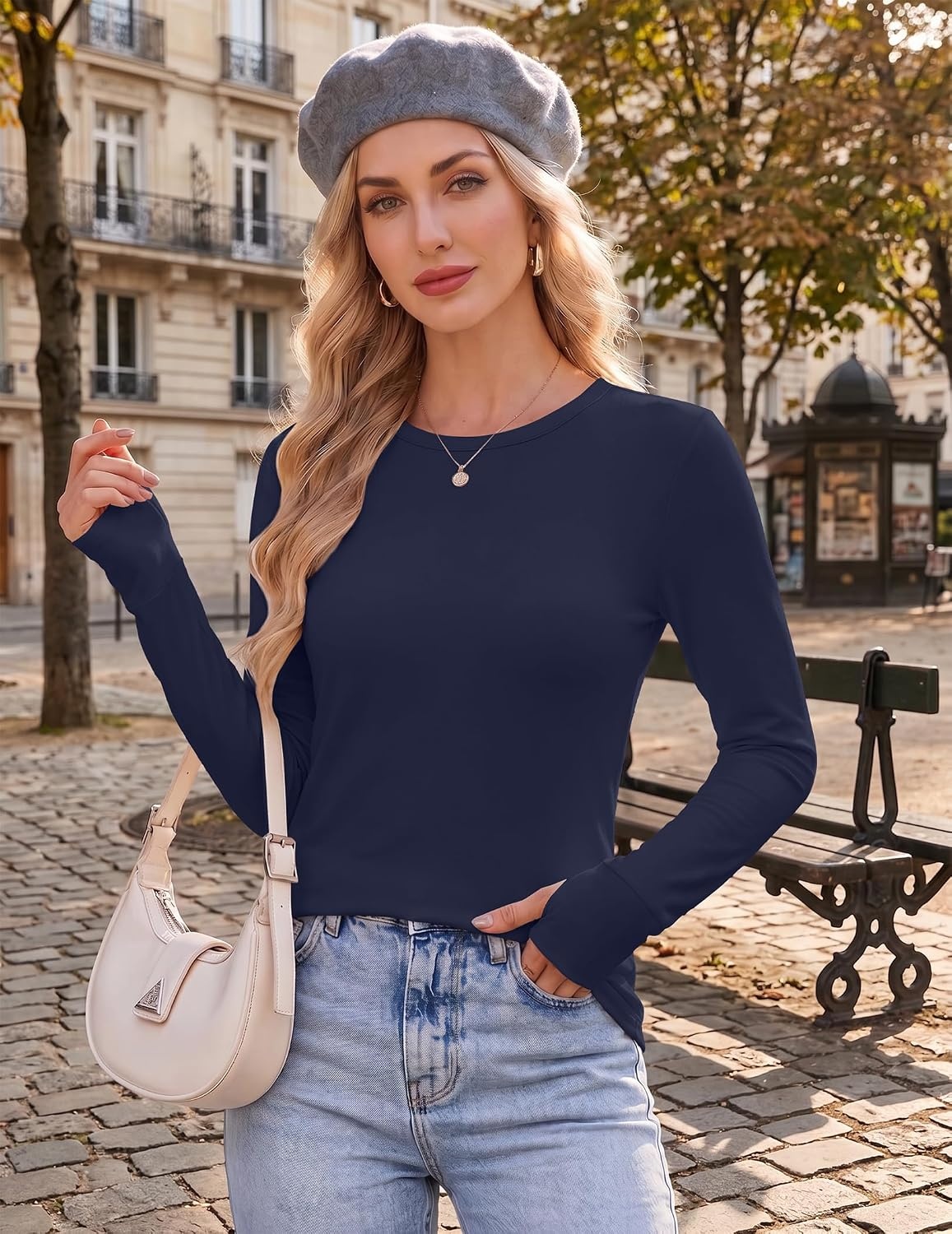 image:imageEkouaer Womens Long Sleeve Shirts Thumb Hole Tops Thermal Fall Clothes Crew Neck T Shirts Loose Fit Undershirts Layering Casual Work Winter OutfitsNavy Blue