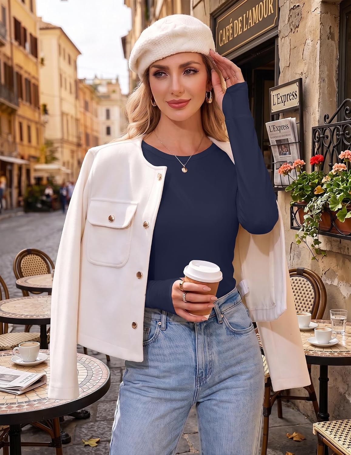 image:imageEkouaer Womens Long Sleeve Shirts Thumb Hole Tops Thermal Fall Clothes Crew Neck T Shirts Loose Fit Undershirts Layering Casual Work Winter OutfitsNavy Blue