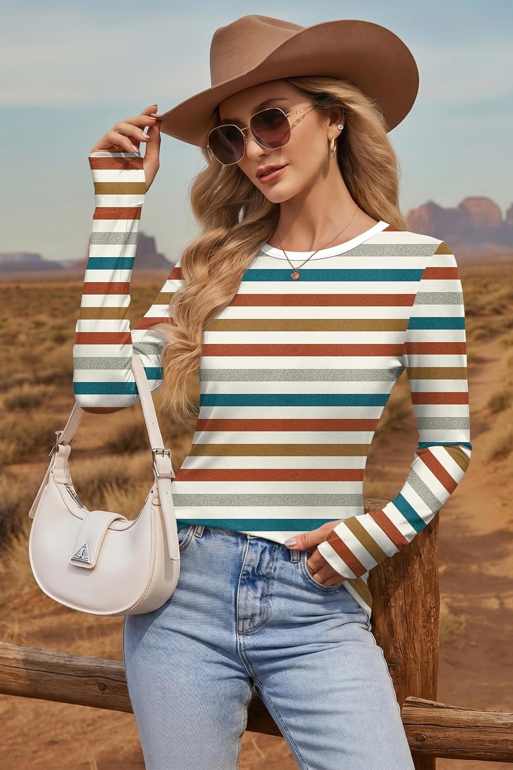 image:imageEkouaer Womens Long Sleeve Shirts Thumb Hole Tops Thermal Fall Clothes Crew Neck T Shirts Loose Fit Undershirts Layering Casual Work Winter OutfitsOrange Stripe