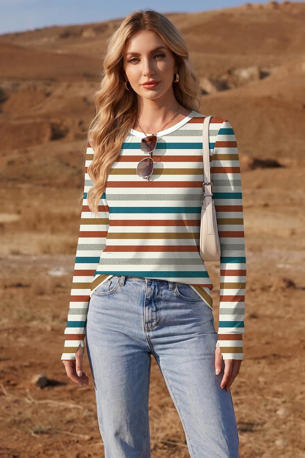 image:imageEkouaer Womens Long Sleeve Shirts Thumb Hole Tops Thermal Fall Clothes Crew Neck T Shirts Loose Fit Undershirts Layering Casual Work Winter OutfitsOrange Stripe