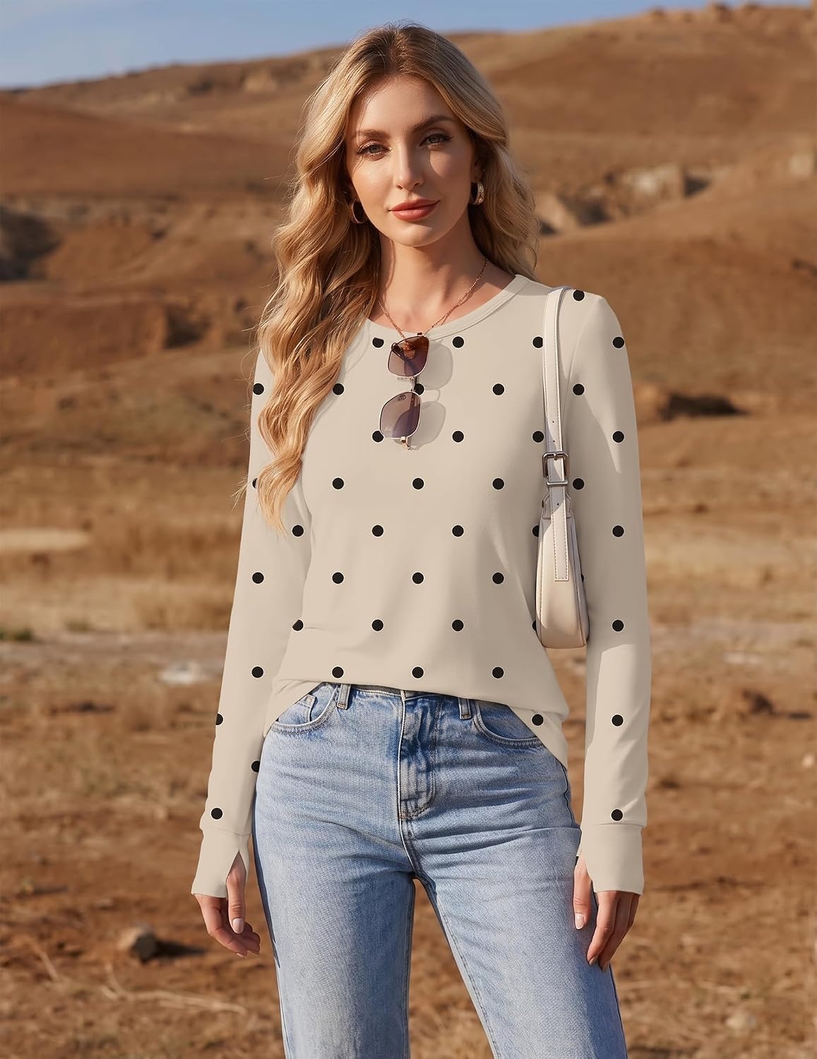 image:imageEkouaer Womens Long Sleeve Shirts Thumb Hole Tops Thermal Fall Clothes Crew Neck T Shirts Loose Fit Undershirts Layering Casual Work Winter OutfitsPolka Dot Khaki