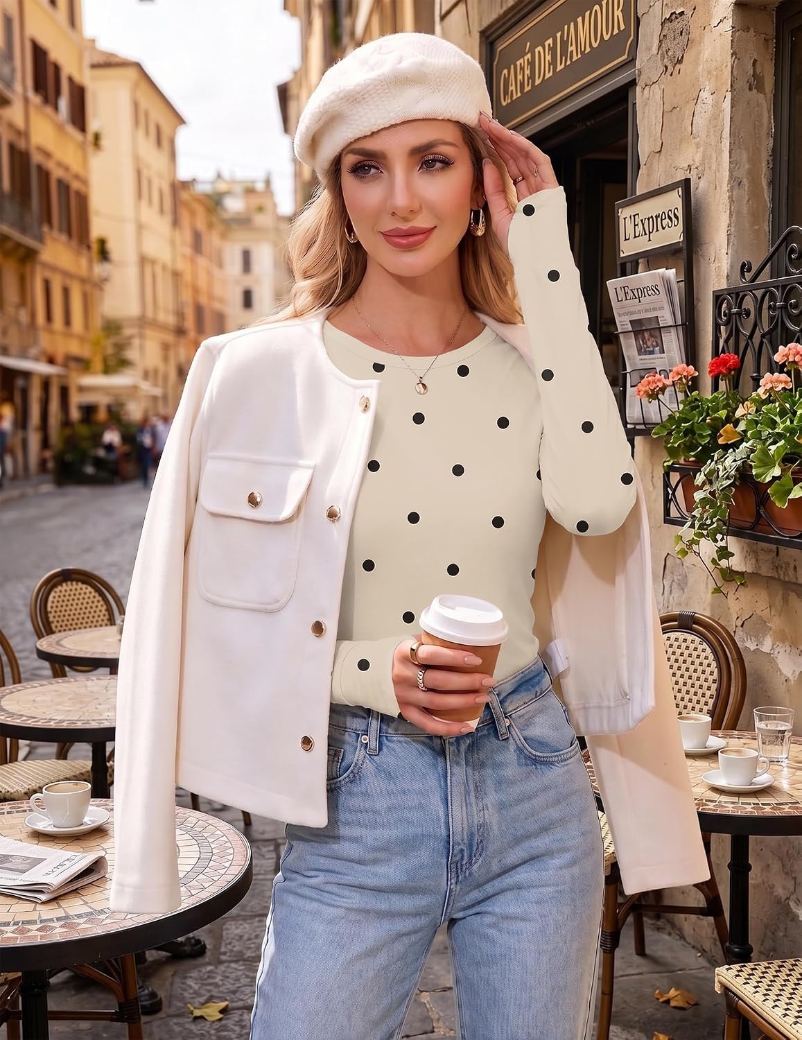 image:imageEkouaer Womens Long Sleeve Shirts Thumb Hole Tops Thermal Fall Clothes Crew Neck T Shirts Loose Fit Undershirts Layering Casual Work Winter OutfitsPolka Dot Khaki