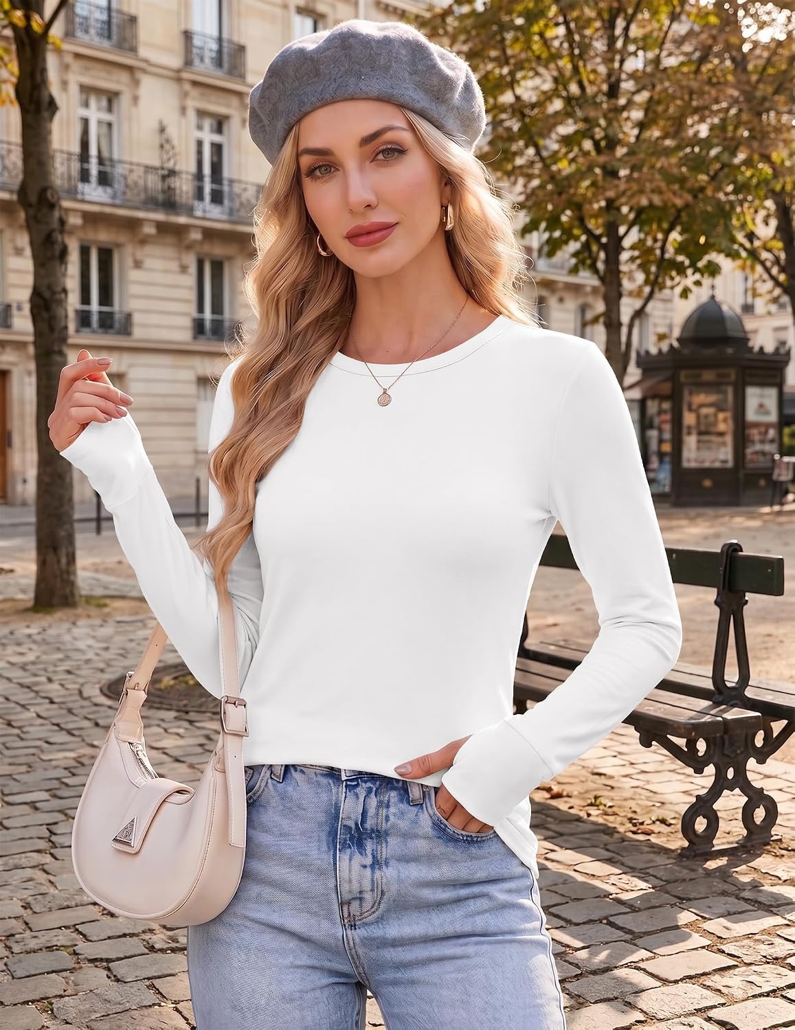 image:imageEkouaer Womens Long Sleeve Shirts Thumb Hole Tops Thermal Fall Clothes Crew Neck T Shirts Loose Fit Undershirts Layering Casual Work Winter OutfitsWhite
