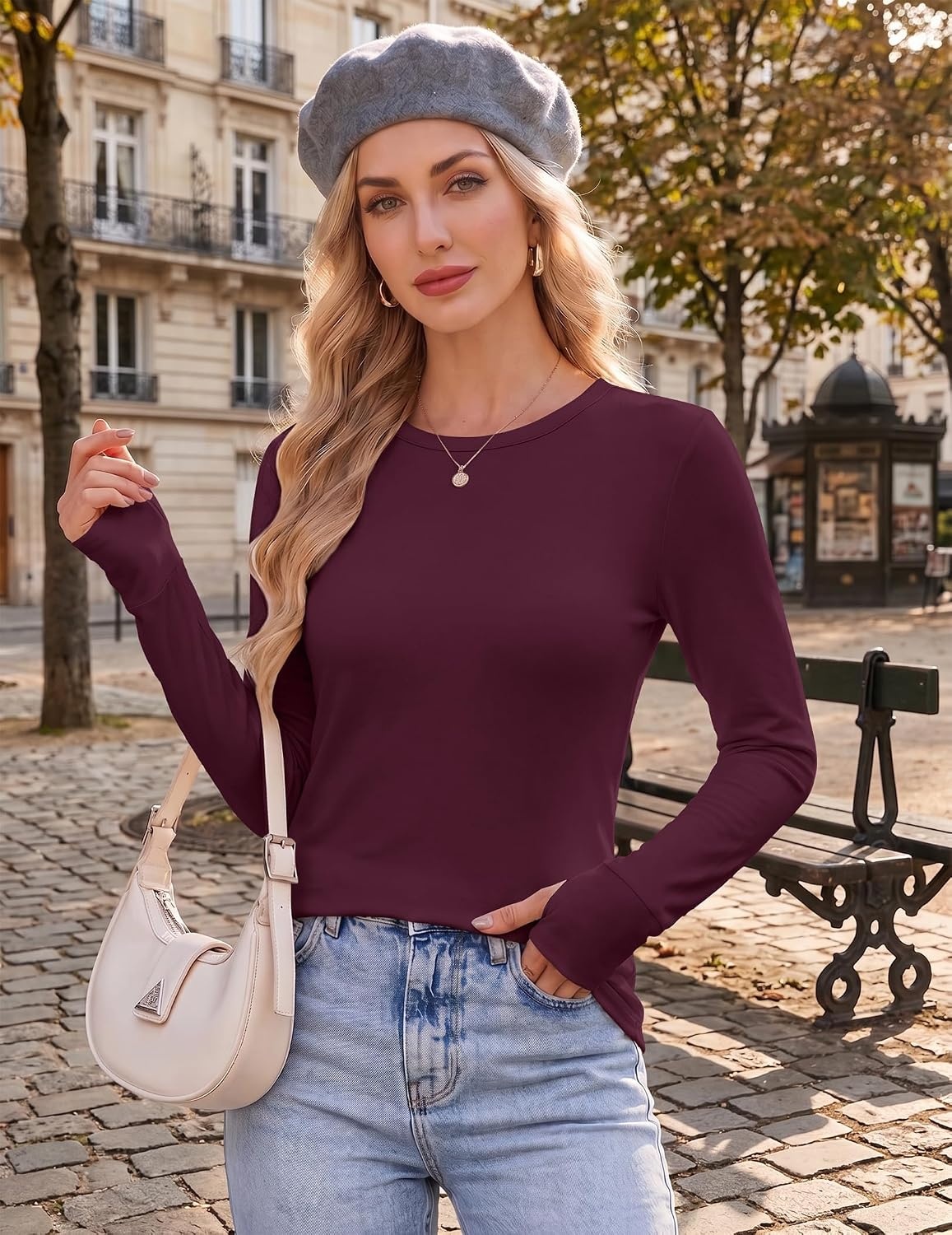 image:imageEkouaer Womens Long Sleeve Shirts Thumb Hole Tops Thermal Fall Clothes Crew Neck T Shirts Loose Fit Undershirts Layering Casual Work Winter OutfitsWine Red