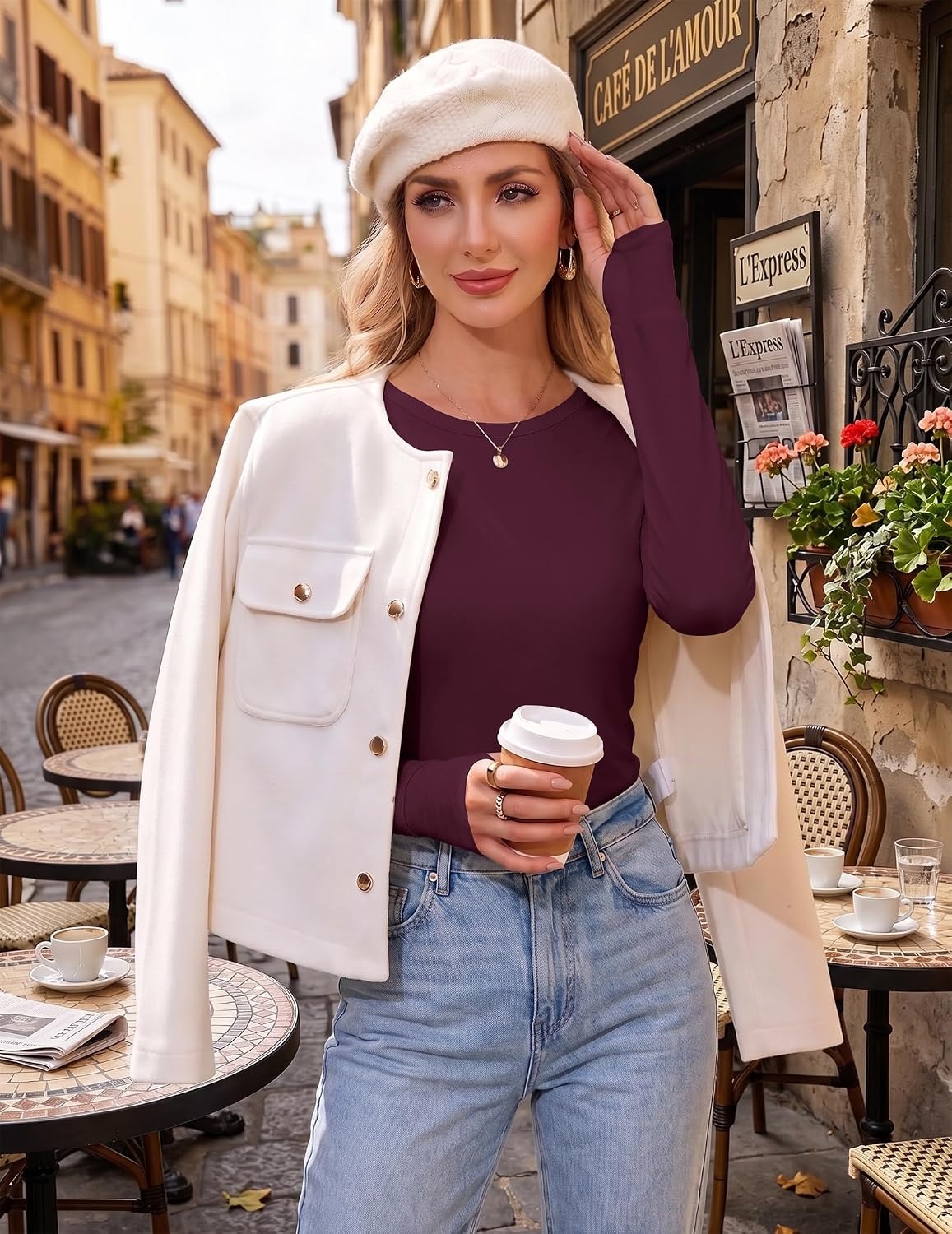 image:imageEkouaer Womens Long Sleeve Shirts Thumb Hole Tops Thermal Fall Clothes Crew Neck T Shirts Loose Fit Undershirts Layering Casual Work Winter OutfitsWine Red