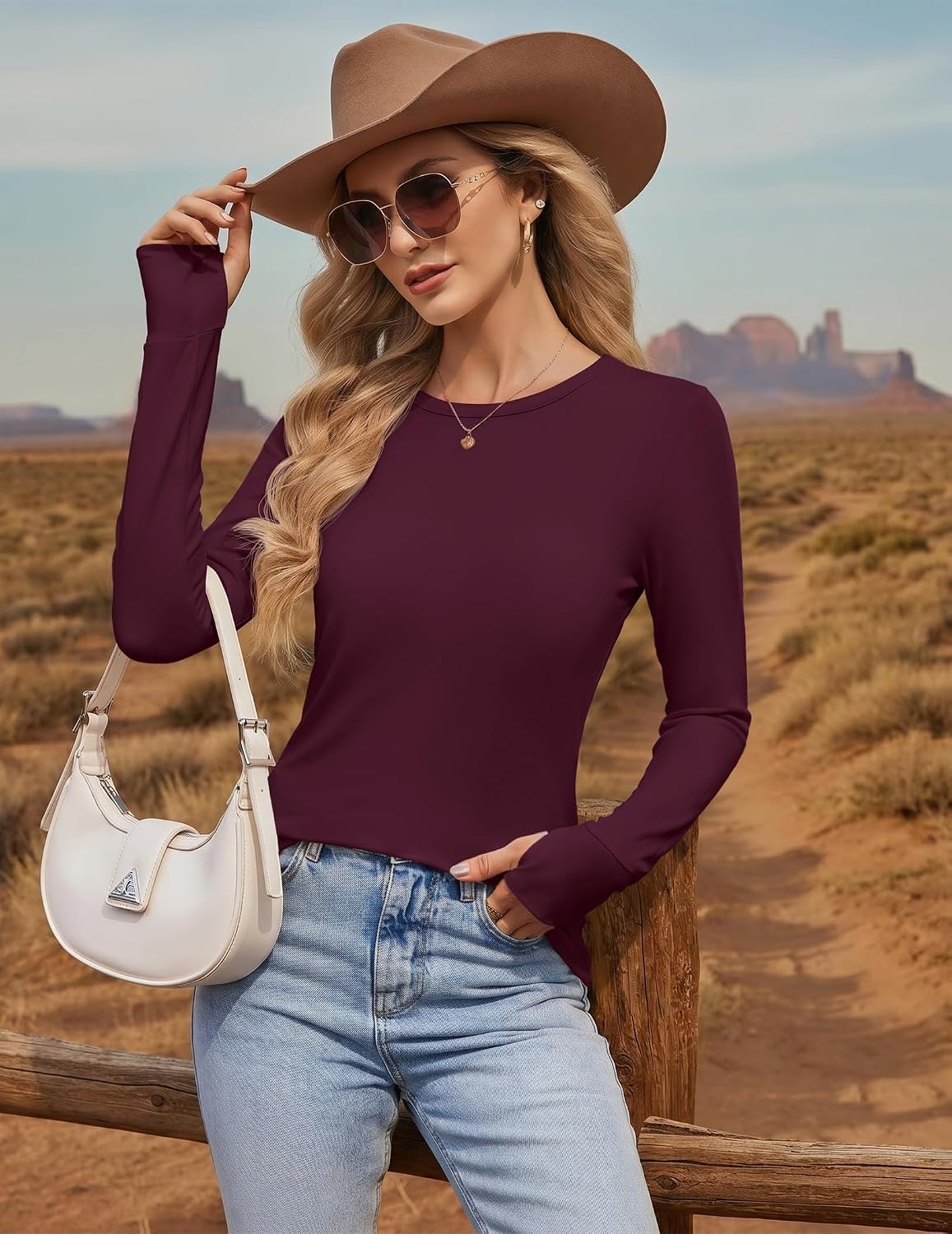 image:imageEkouaer Womens Long Sleeve Shirts Thumb Hole Tops Thermal Fall Clothes Crew Neck T Shirts Loose Fit Undershirts Layering Casual Work Winter OutfitsWine Red