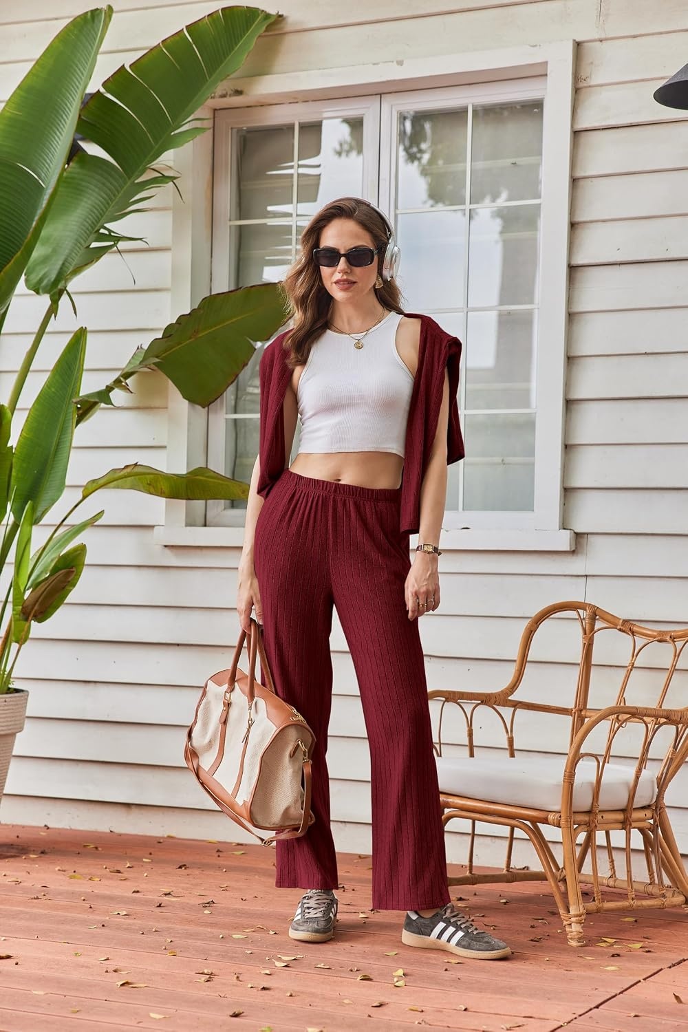 image:imageEkouaer Womens Lounge Sets Long Sleeve Casual Pajama Fall Sleepwear Pockets Soft Ribbed Knit Pjs Loungewear 2 Piece Outfits Crew neck Curved Hem Fashion 2026 Matching Sets Women ClothingRed