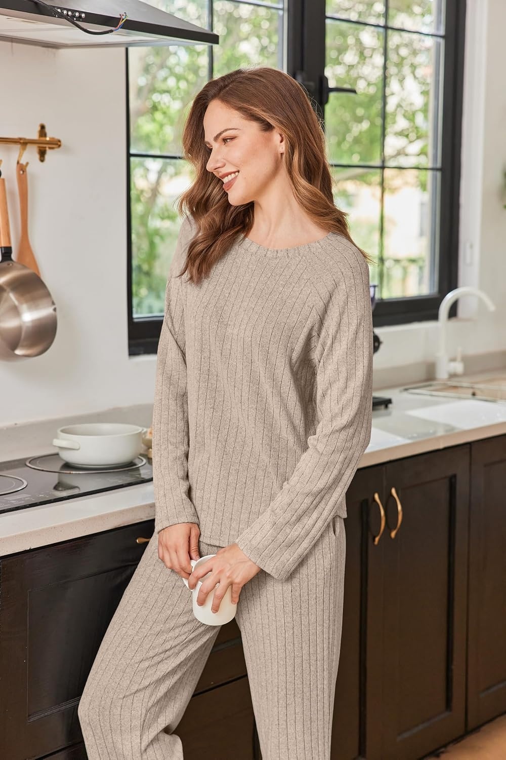 image:imageEkouaer Womens Lounge Sets Long Sleeve Casual Pajama Fall Sleepwear Pockets Soft Ribbed Knit Pjs Loungewear 2 Piece Outfits Crew neck Curved Hem Fashion 2026 Matching Sets Women ClothingTaupe Gray