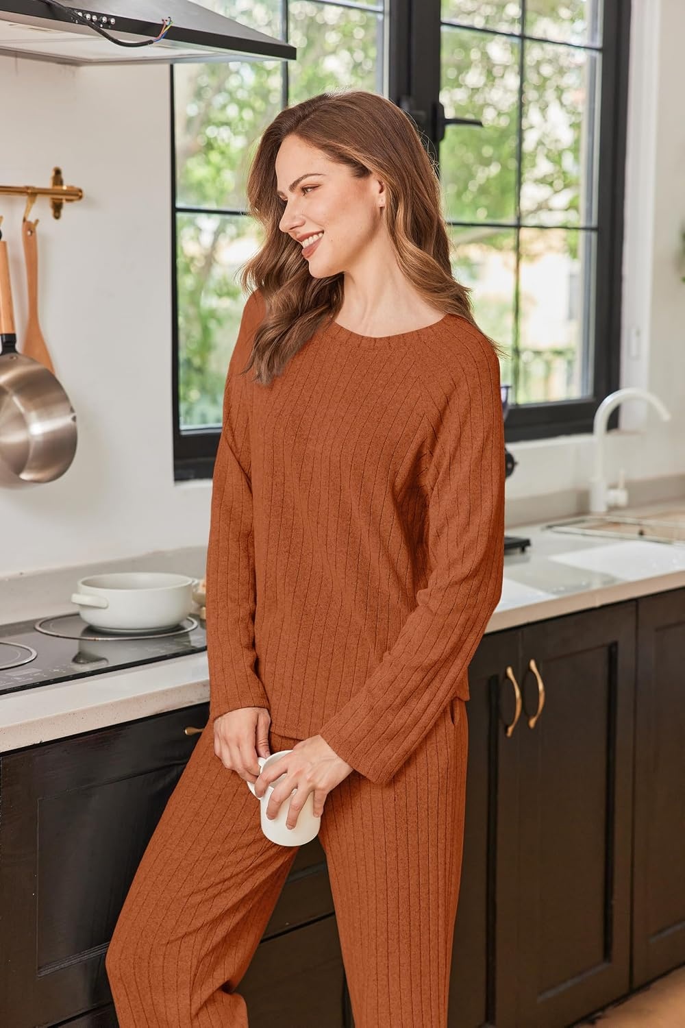 image:imageEkouaer Womens Lounge Sets Long Sleeve Casual Pajama Fall Sleepwear Pockets Soft Ribbed Knit Pjs Loungewear 2 Piece Outfits Crew neck Curved Hem Fashion 2026 Matching Sets Women ClothingCaramel