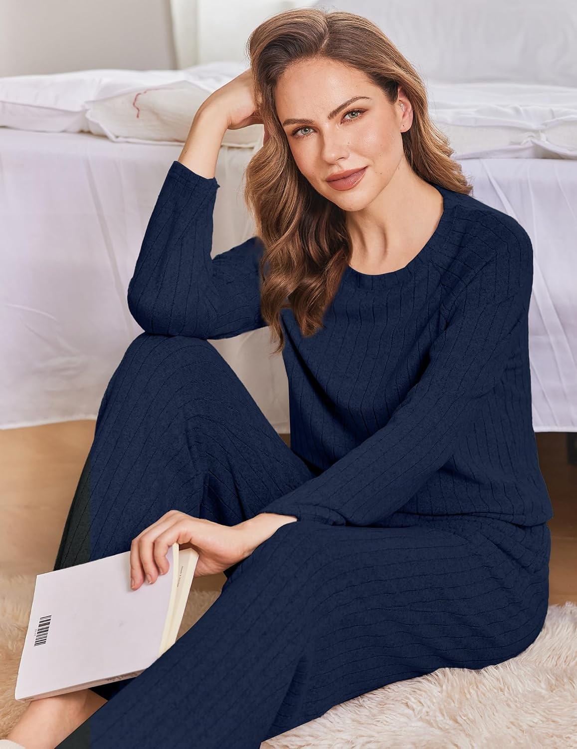 image:imageEkouaer Womens Lounge Sets Long Sleeve Casual Pajama Fall Sleepwear Pockets Soft Ribbed Knit Pjs Loungewear 2 Piece Outfits Crew neck Curved Hem Fashion 2026 Matching Sets Women ClothingNavy Blue