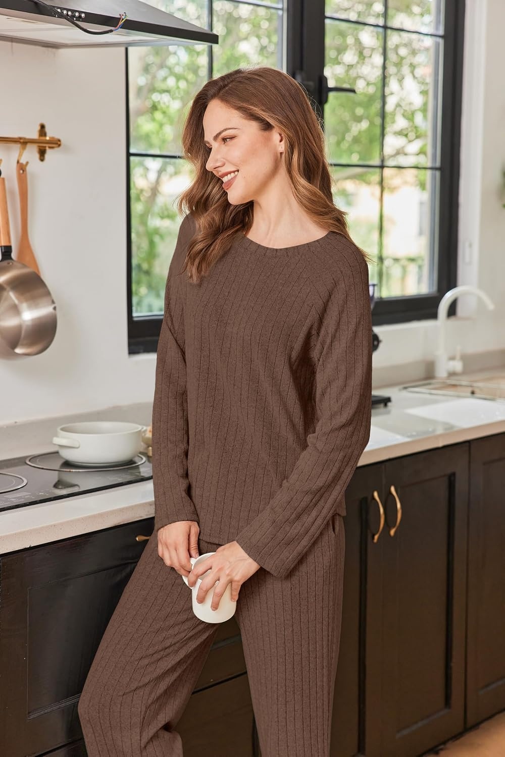 image:imageEkouaer Womens Lounge Sets Long Sleeve Casual Pajama Fall Sleepwear Pockets Soft Ribbed Knit Pjs Loungewear 2 Piece Outfits Crew neck Curved Hem Fashion 2026 Matching Sets Women ClothingBrown