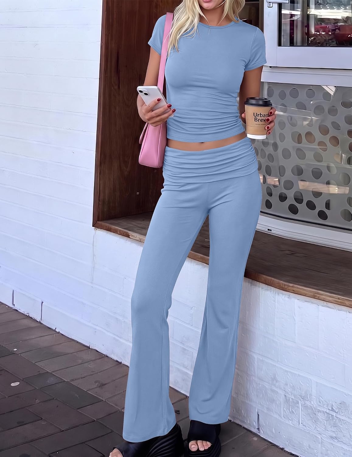 image:imageEkouaer Womens Pajama Set Short Sleeve Crop Top Foldover Flare Pants Soft Comfy Stretchy Summer Wear Fall Layer High Waist Fold Waistband For Loungewear Yoga Daily Casual WearLight Blue