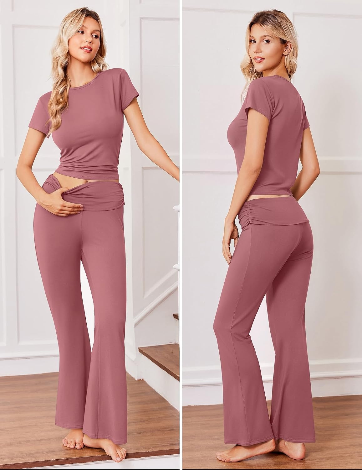image:imageEkouaer Womens Pajama Set Short Sleeve Crop Top Foldover Flare Pants Soft Comfy Stretchy Summer Wear Fall Layer High Waist Fold Waistband For Loungewear Yoga Daily Casual WearGray Purple