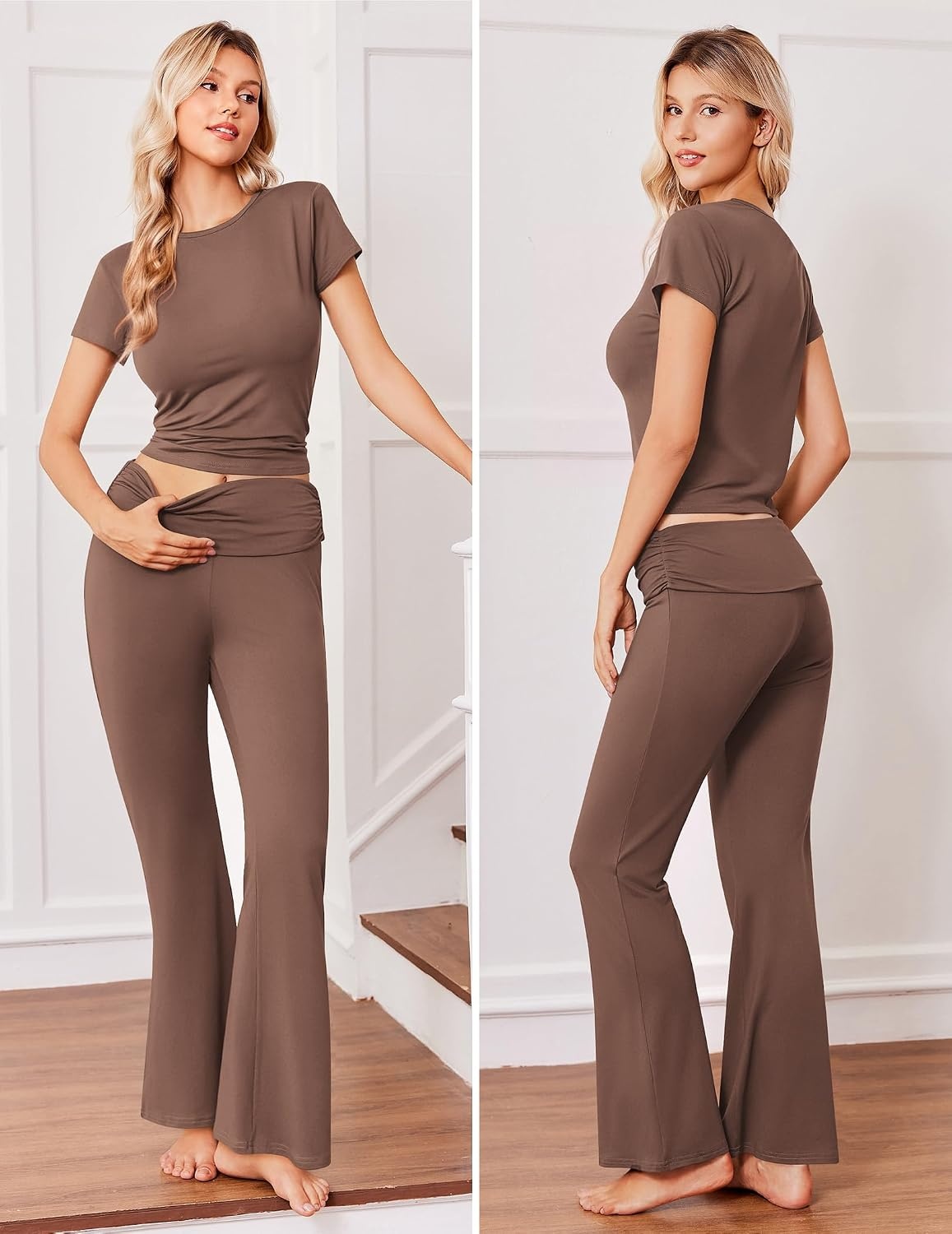 image:imageEkouaer Womens Pajama Set Short Sleeve Crop Top Foldover Flare Pants Soft Comfy Stretchy Summer Wear Fall Layer High Waist Fold Waistband For Loungewear Yoga Daily Casual WearBrown